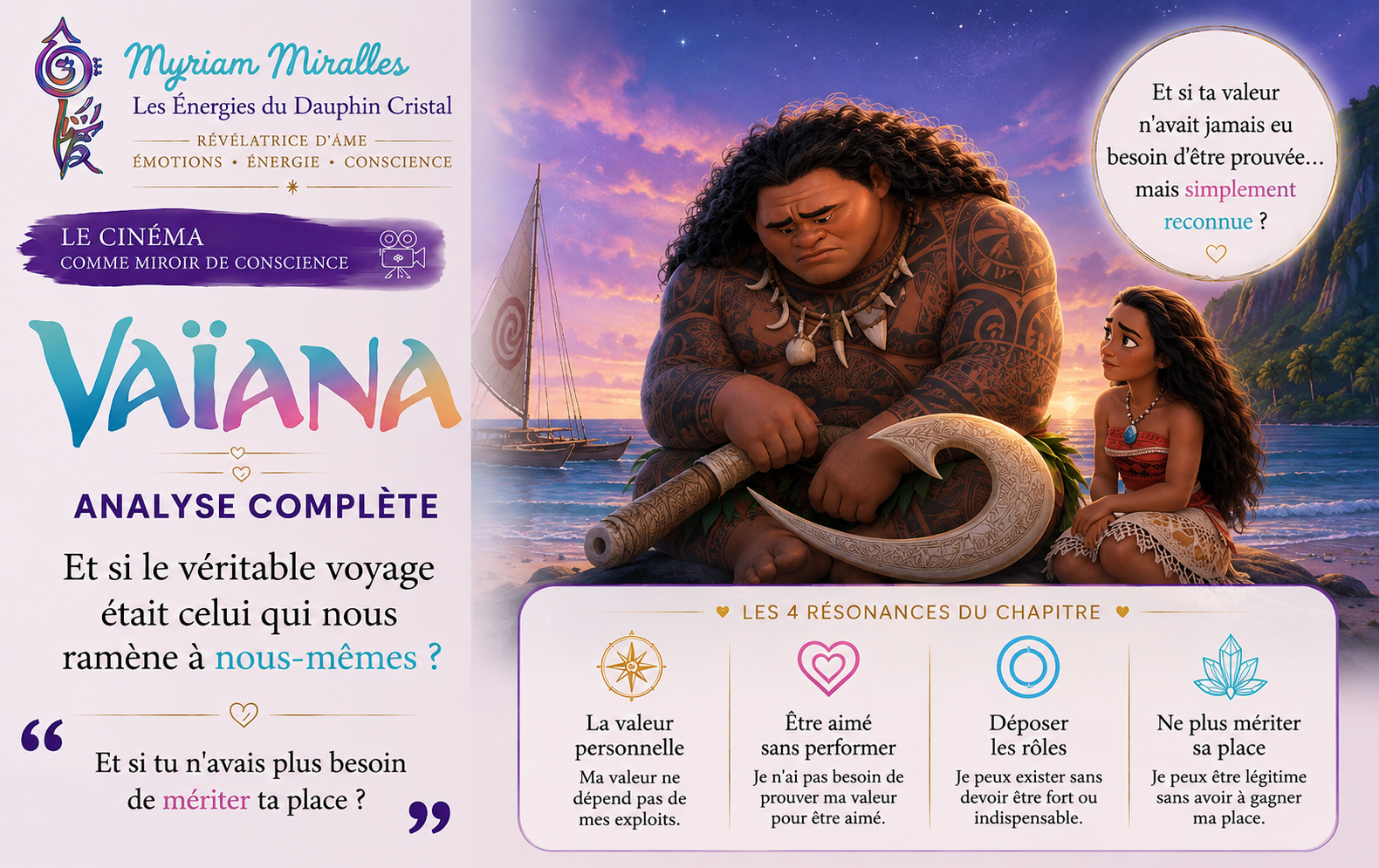 Visuel de l’analyse complète de Vaïana mettant en scène Maui et son hameçon magique, autour de la valeur personnelle, de la reconnaissance et de l’abandon des rôles.