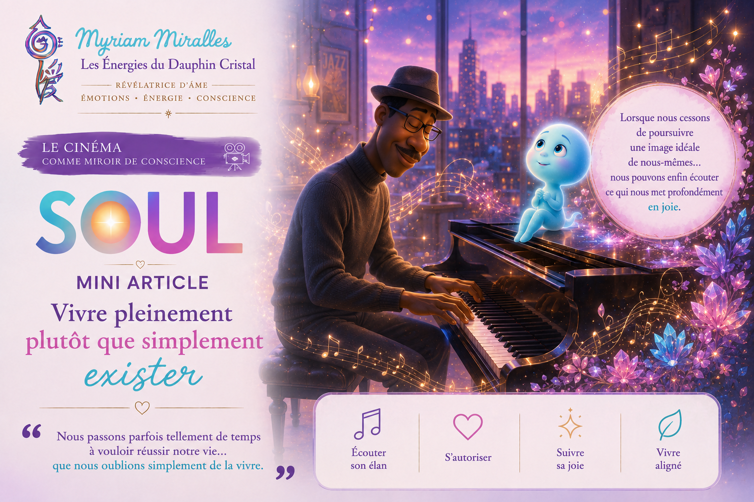 IIllustration inspirée du film Soul de Pixar représentant Joe Gardner et l'âme 22, symbolisant l'écoute de son élan intérieur, la joie comme boussole et l'alignement avec ce qui nous fait profondément vibrer.