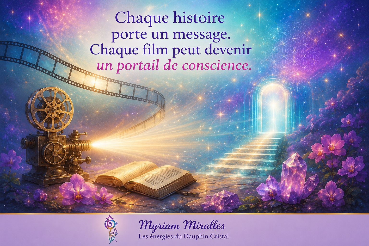 Illustration symbolique représentant le cinéma comme un portail de conscience avec un projecteur, un livre ouvert, un portail lumineux et des cristaux – Série Le cinéma comme miroir de conscience par Myriam Miralles – Les Énergies du Dauphin Cristal.