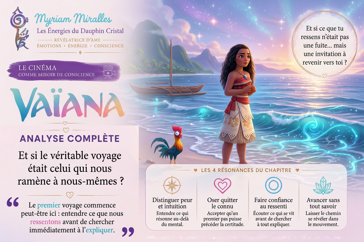 Visuel de l’analyse complète de Vaïana illustrant l’appel intérieur : Vaïana face à l’océan avec Hei Hei, évoquant l’intuition, le courage de quitter le connu, la confiance dans son ressenti et le voyage intérieur.