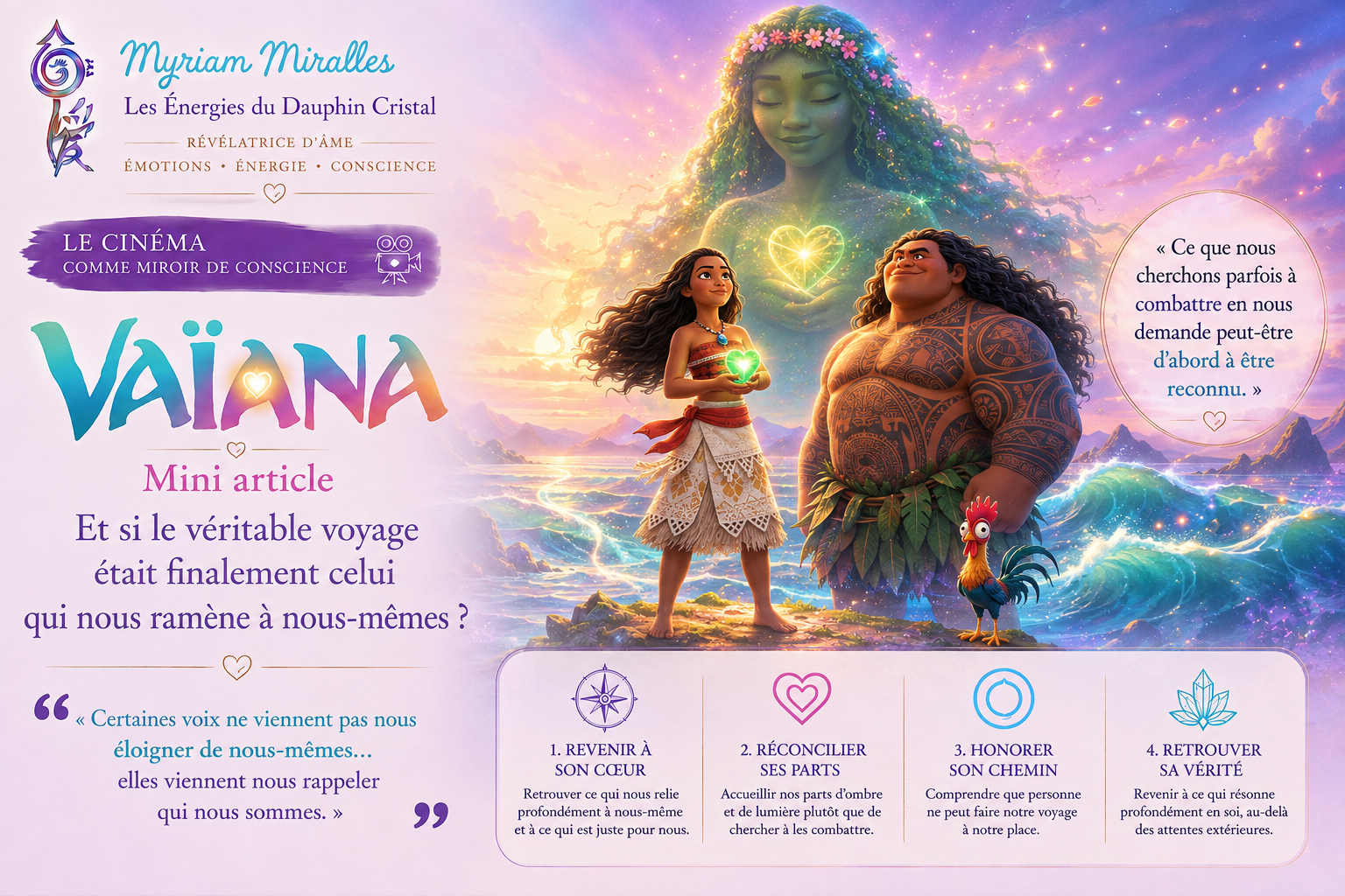 Vaiana, Maui, Hei Hei et Te Fiti réunis autour du Cœur de Te Fiti, symbolisant le retour à soi, la réconciliation intérieure et la reconnexion à sa vérité.