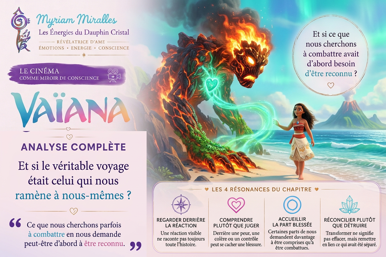 Vaïana face à Te Kā, créature de feu blessée, avec le Cœur de Te Fiti, illustrant la reconnaissance d’une part blessée plutôt que sa destruction.