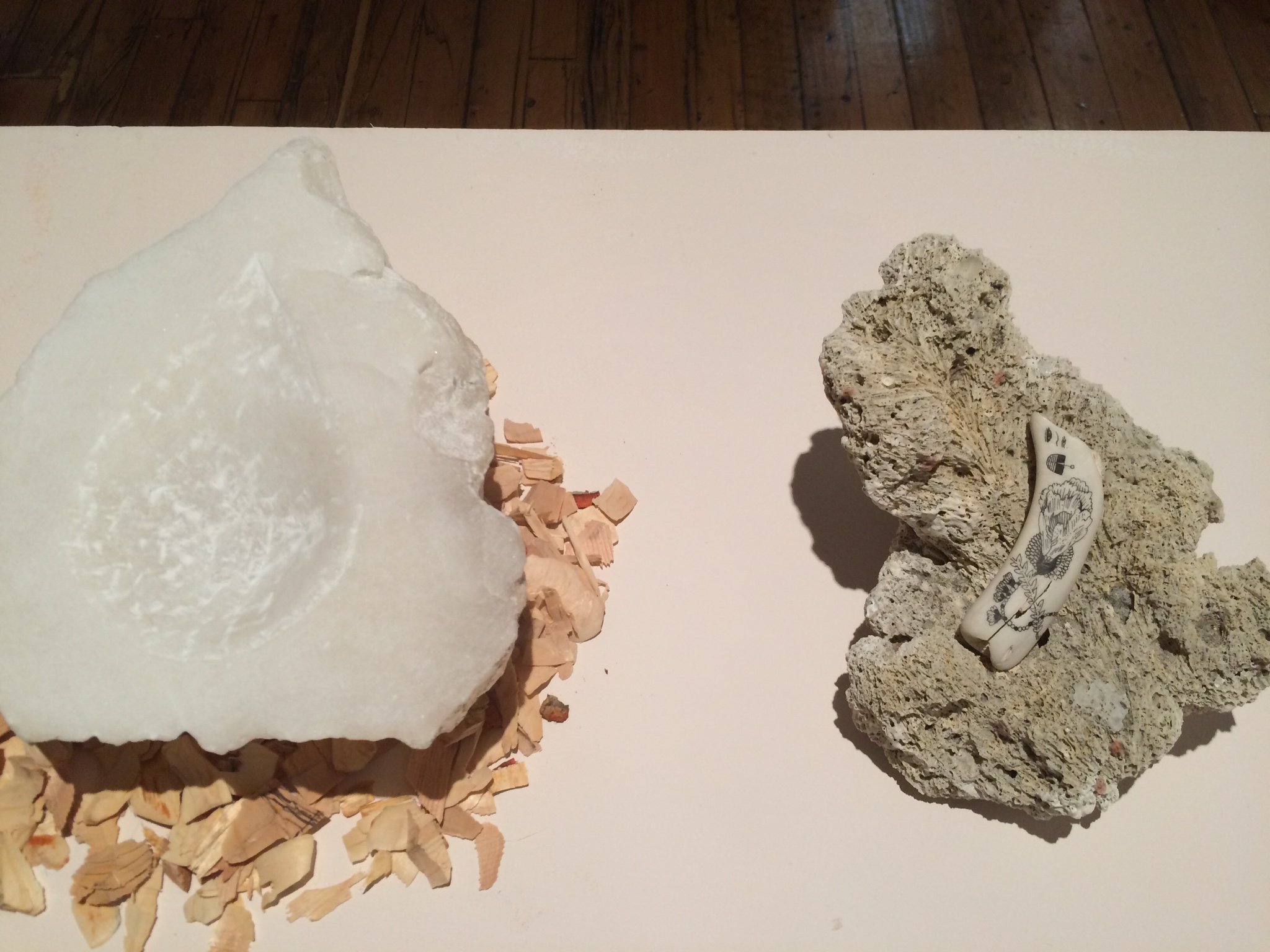 From left to right:
•" to love and be loved, the vessel is what it holds (reciprocity)"
alabaster stone, hand carved, 800 year old red cedar chips, 2017
•" healing & a way out"
ink on deer rib bone, resting on jaffna coral, 2017