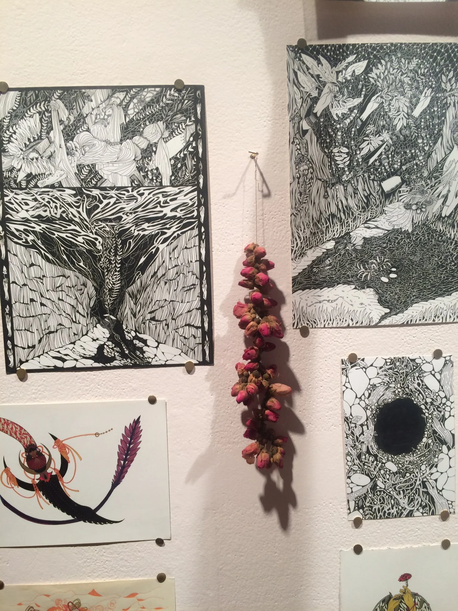 Installation Shot of various works - Ink on 140lbs Hot Press Arches, 2015 - 2017.
Detail of " weave love"
30 rosebuds, copper wire, 2016