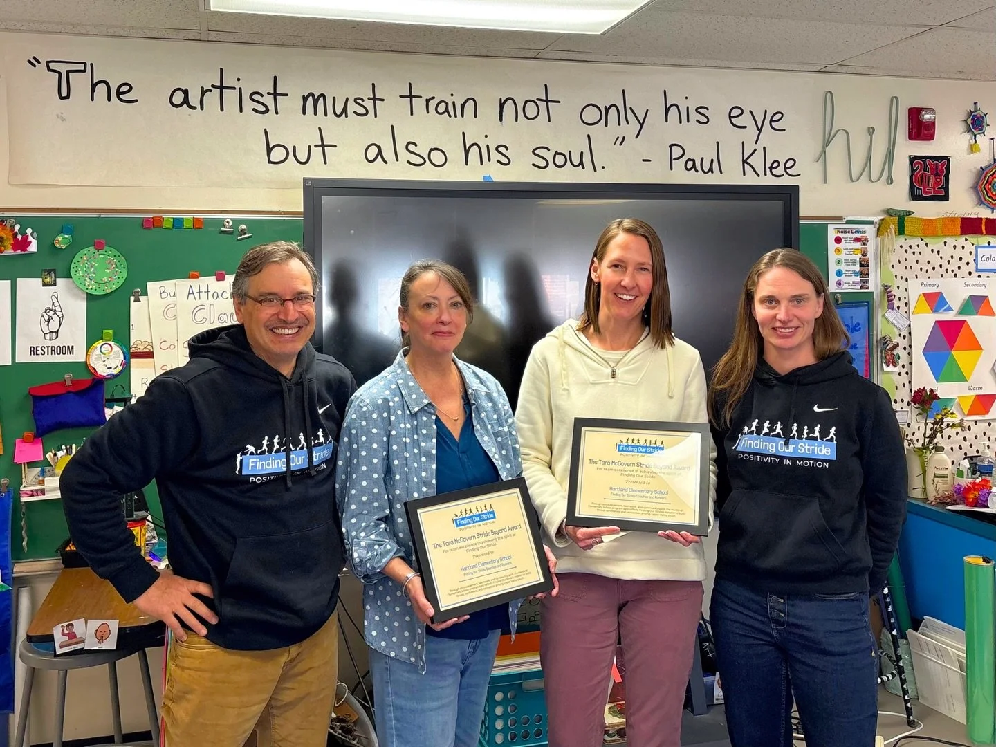Last month, eleven coaches received recognition for their excellence in coaching! Greg and Becky visited Hartland Elementary School and Enfield Village School to officially present the The Tara McGovern Stride Beyond Award to our amazing coaches and 
