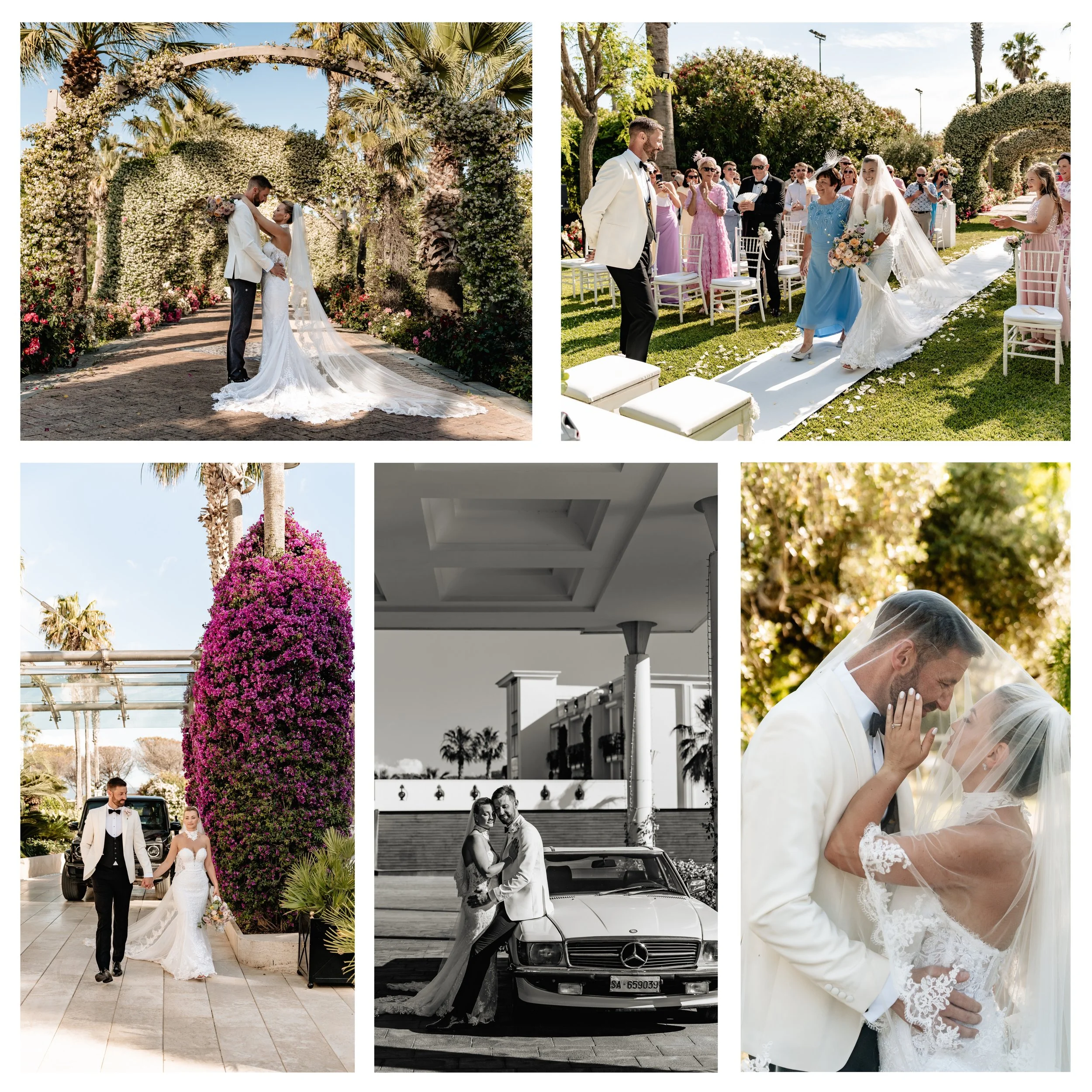 A collage of wedding scenes showing a bride and groom, wedding ceremony, couple casually posing with a vintage car, and intimate moments among wedding party outdoors.