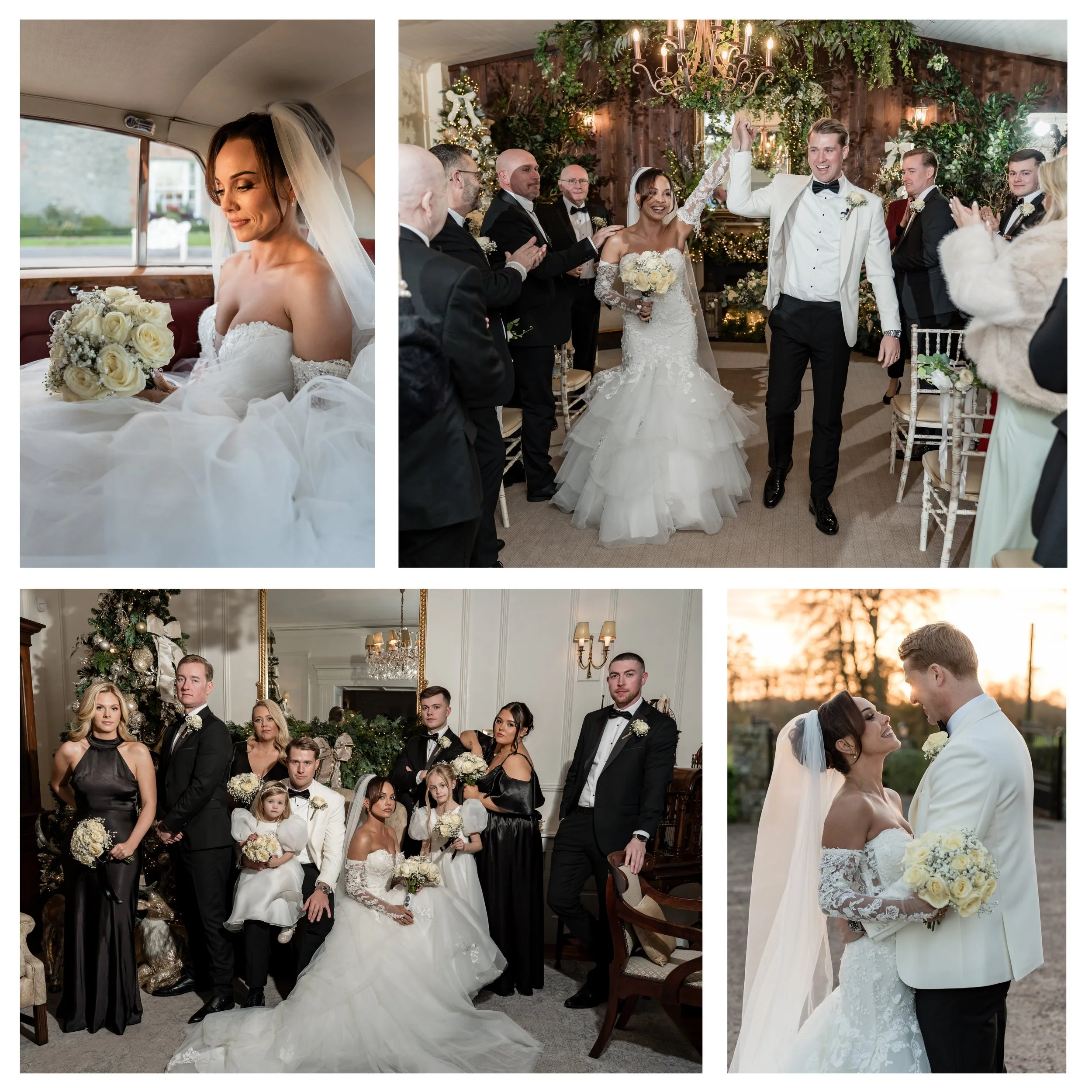 A collage of four wedding photos. The top left shows a bride in a white wedding dress and veil, holding a bouquet of white roses inside a vehicle. The top right depicts a bride and groom dancing with guests in a decorated indoor reception with greene