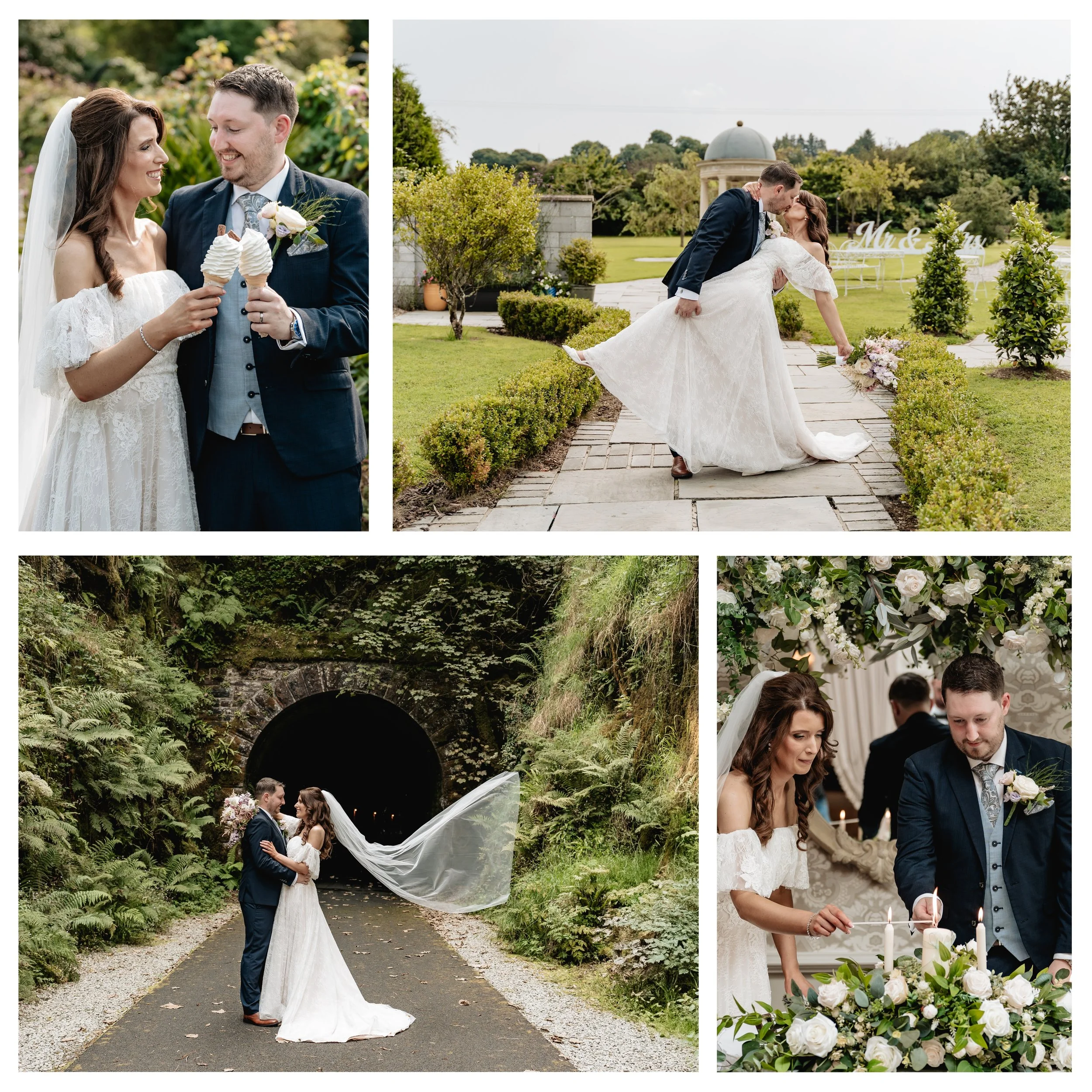 Collage of a wedding: Top left shows a bride and groom smiling and sharing ice cream cones outdoors; top right features the couple kissing outdoors on a stone pathway with greenery and a gazebo in the background; bottom left depicts the couple holdin