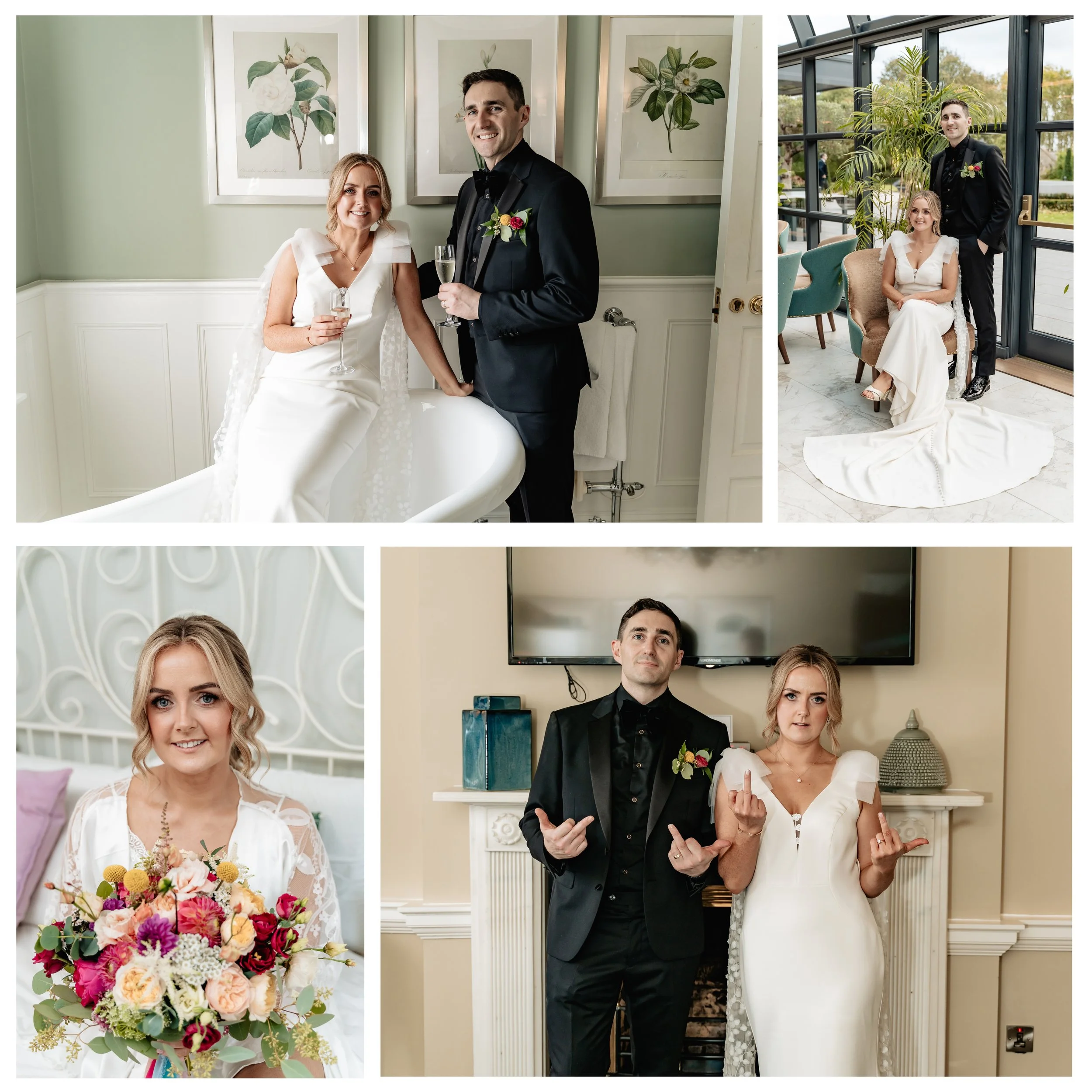 A collage of four wedding photos: Top left features a bride in a white dress and a groom in a black suit with a bouquet, sitting in a bathtub in a room with botanical prints. Top right shows the bride seated on an armchair and the groom standing besi