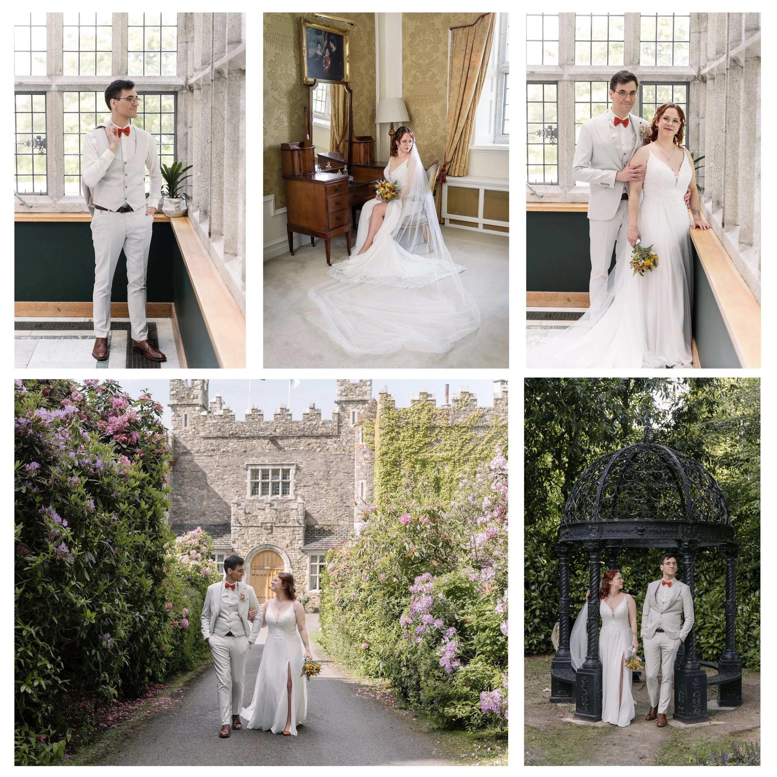 A series of wedding photos featuring a bride and groom. The groom is dressed in a light-colored suit with a red bow tie, and the bride wears a white wedding gown with a train and holds a bouquet. Photos include interior shots in a historic building a