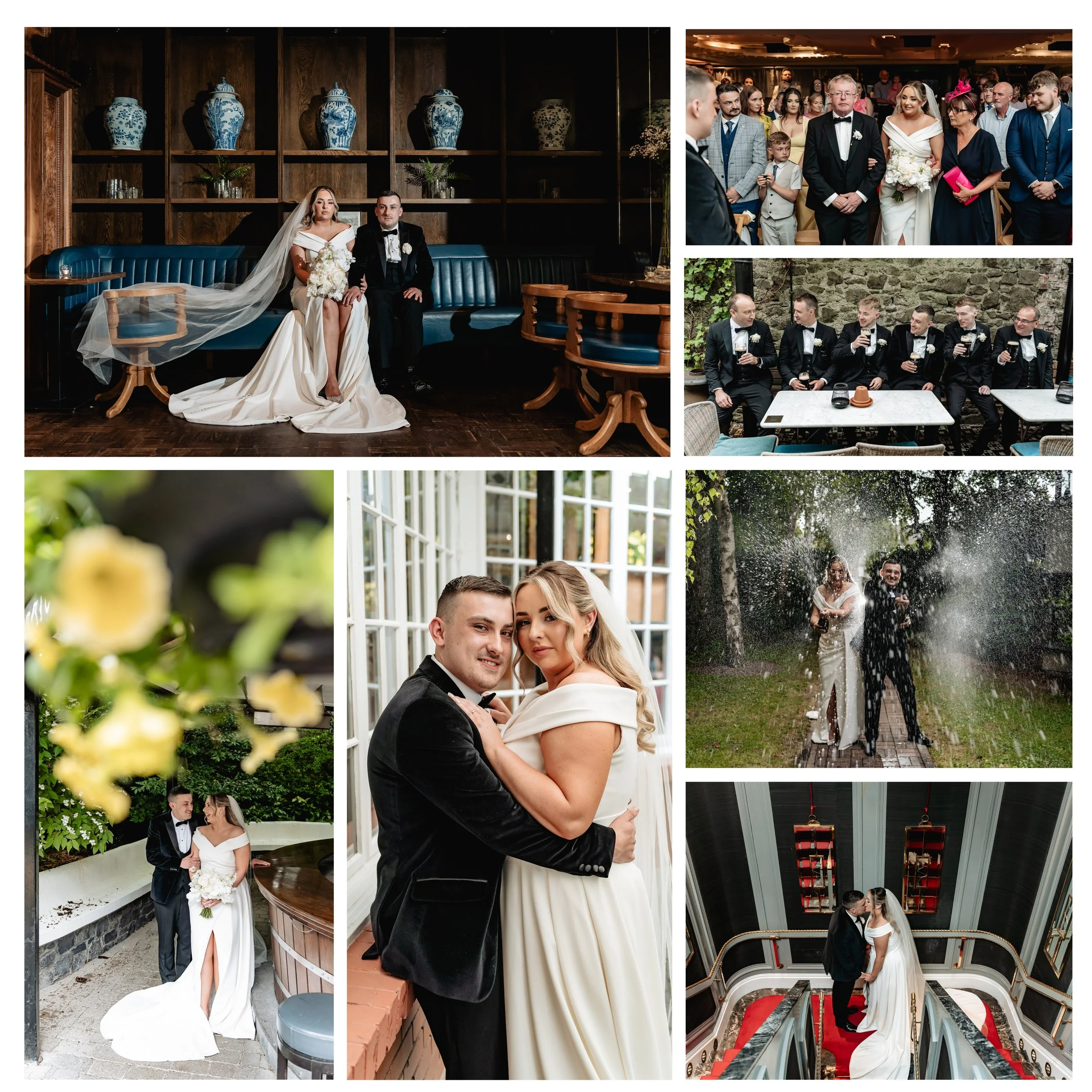 Collection of wedding photos featuring a bride and groom in various settings, including their ceremony, outdoor portraits, wedding party, and celebrations indoors and outdoors.
