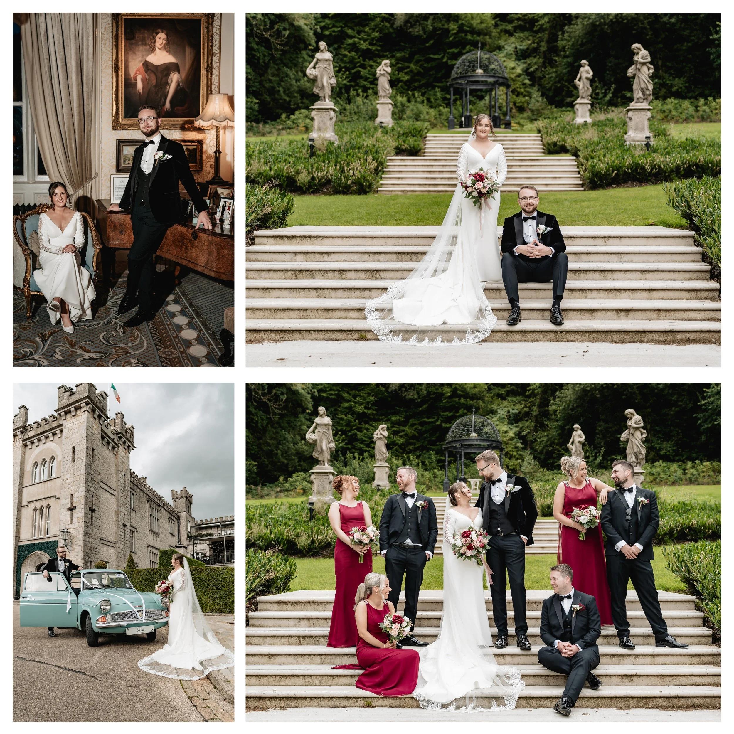 A collage of four wedding photos. Top left: a groom in a tuxedo inside a decorated room with a portrait on the wall. Top right: a bride in a white wedding dress and train, holding a bouquet, sitting on stairs outdoors, with a groom in a tuxedo sittin