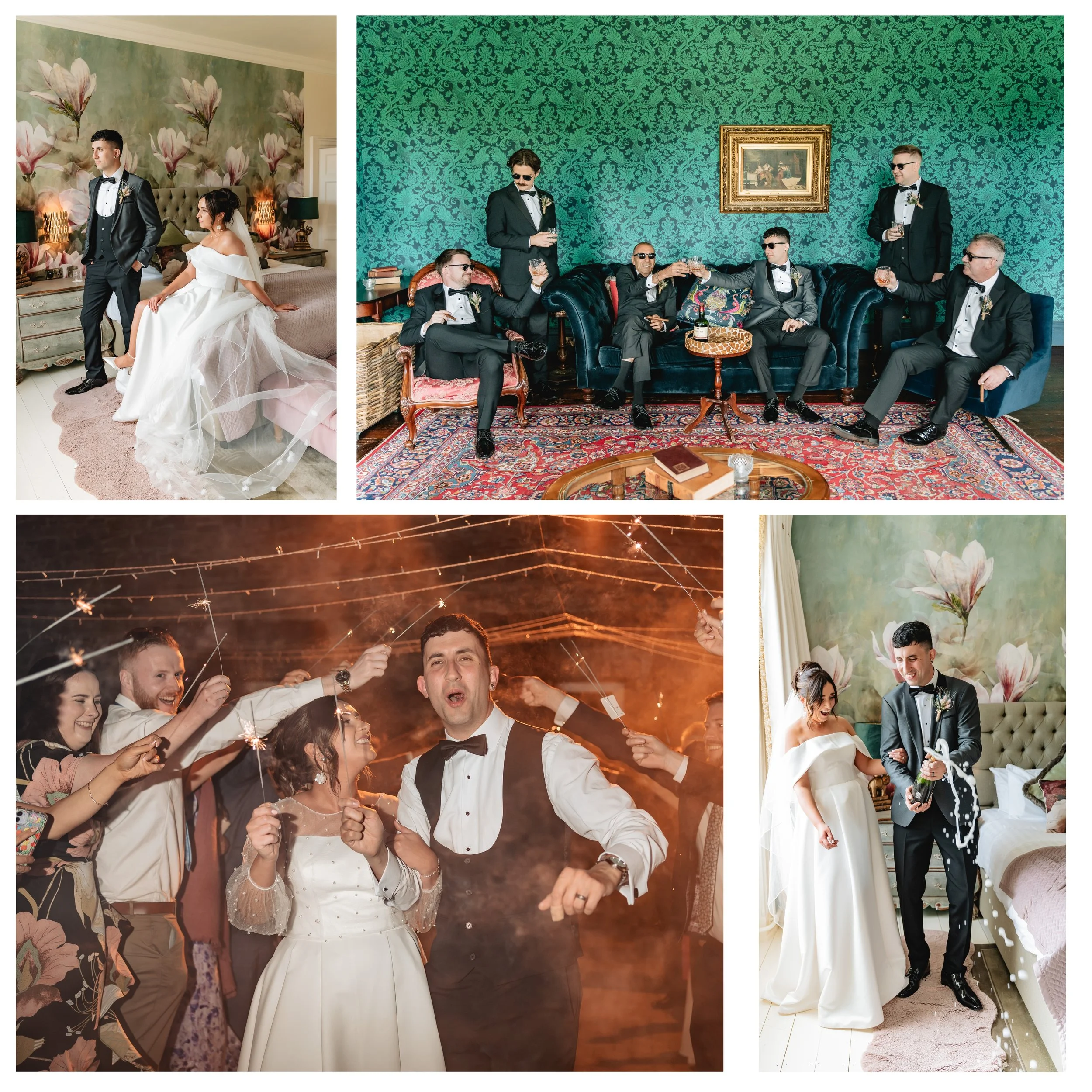 A collage of wedding photos showing a bride and groom in various settings: a bedroom, a living room with friends, and dancing at a celebration. The bride is in a white wedding gown, and the groom is in a black tuxedo.