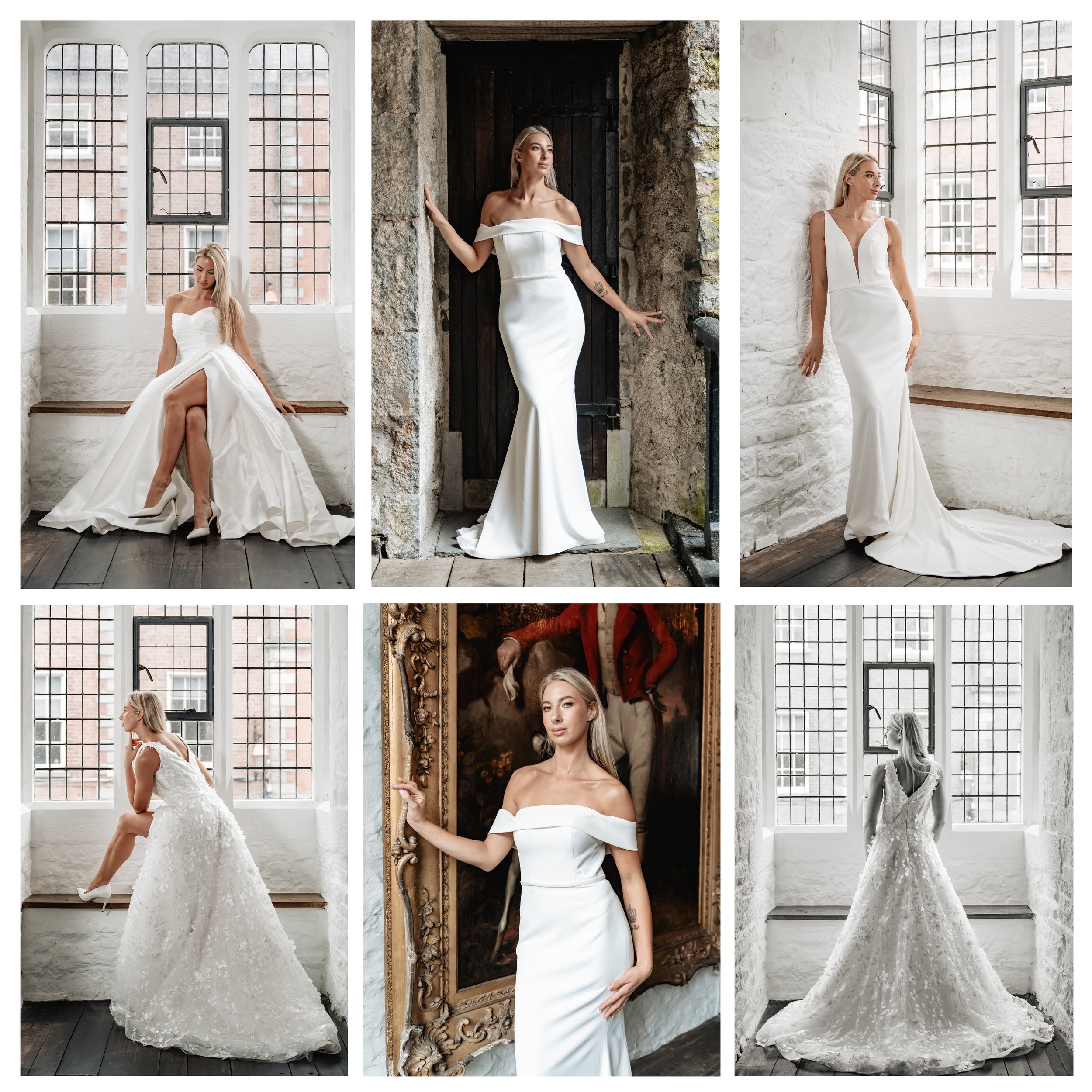 Six women models in white wedding dresses posing in a room with large grid-pattern windows and white brick walls, showcasing various bridal gown styles.