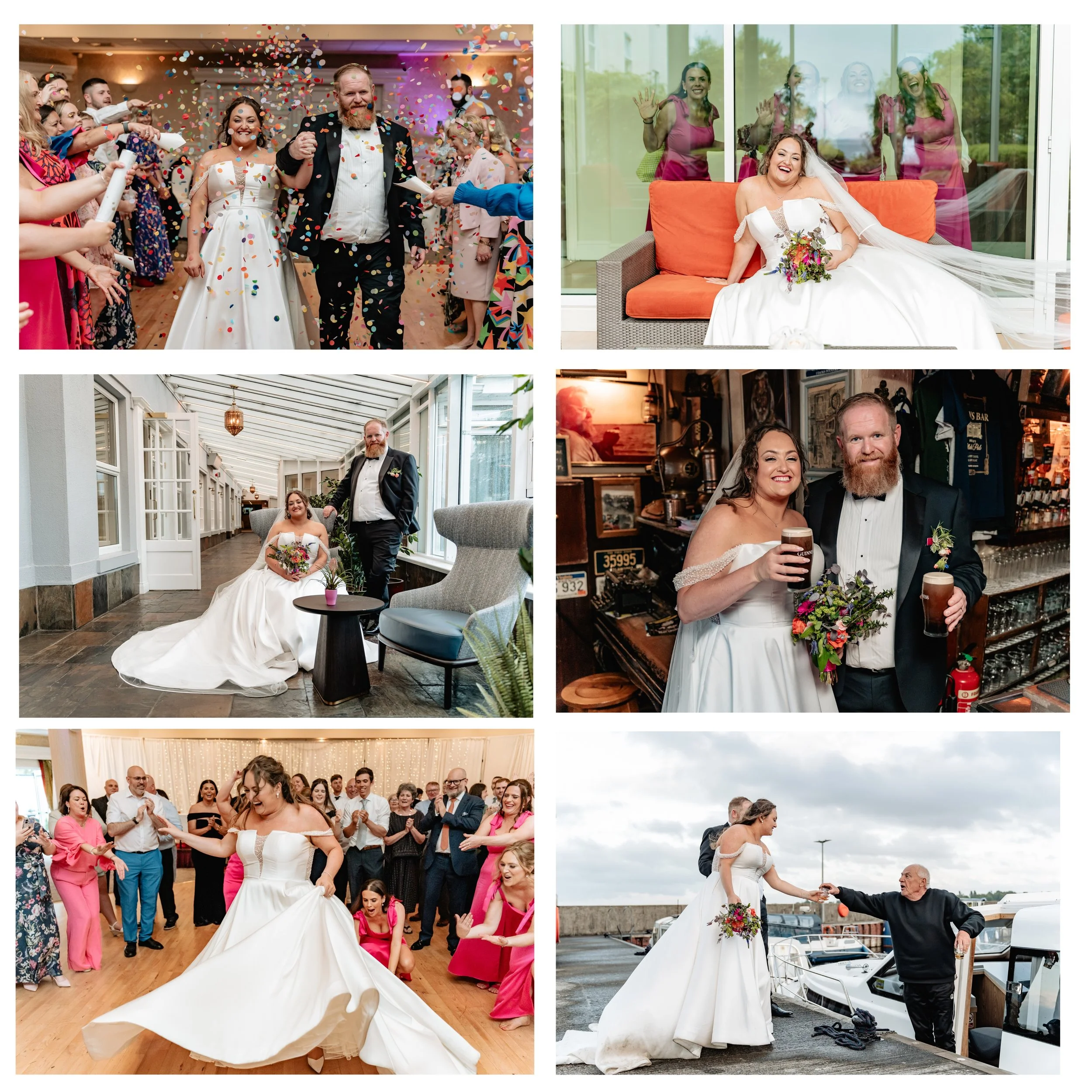 Collection of six wedding photos: Top left shows newlyweds with guests showering them with confetti; top right features bride smiling on orange couch with friends outside through glass; middle left displays bride sitting with bouquet and groom standi
