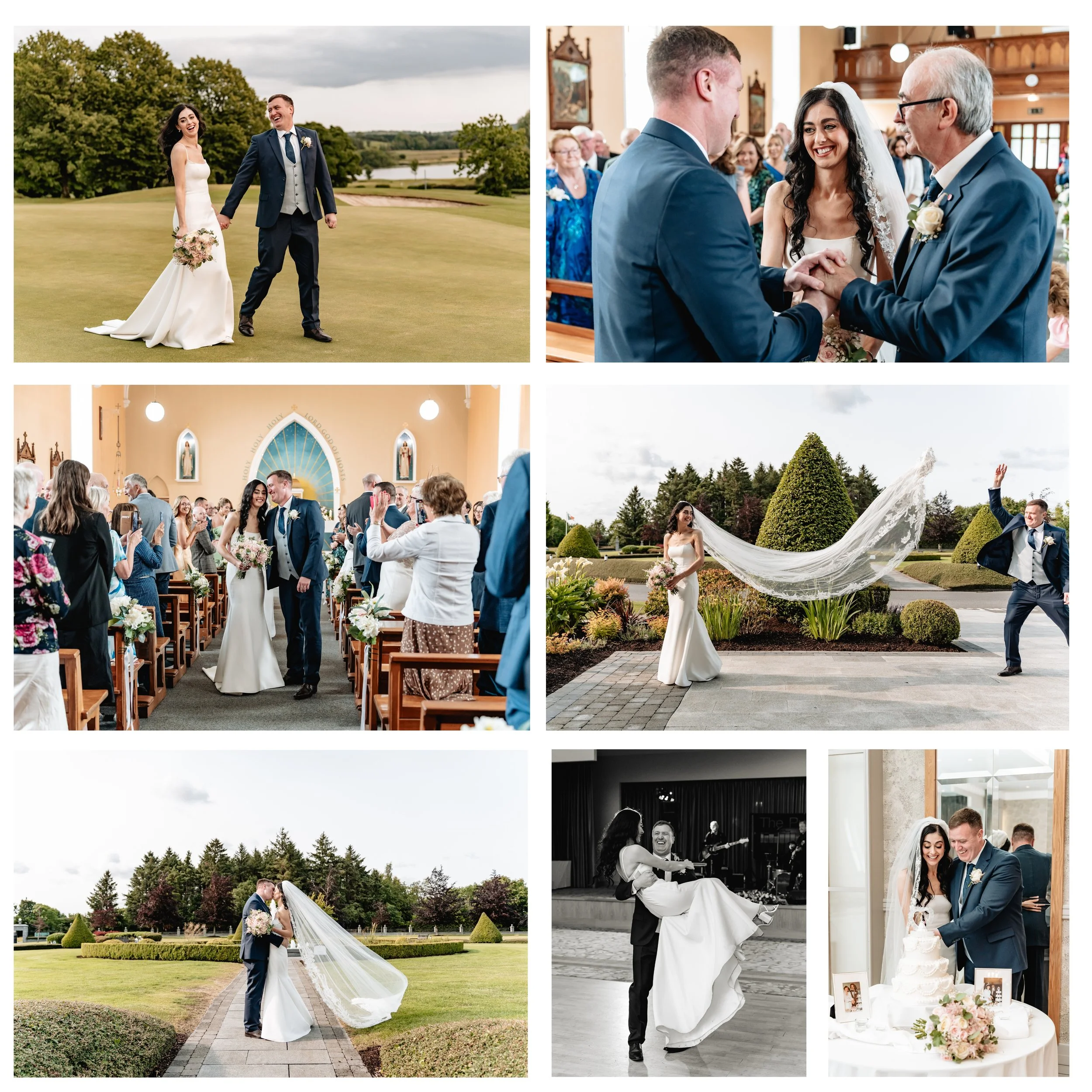 A collage of wedding photos, including a couple on the golf course, exchanging vows inside the church, walking down the aisle, posing outdoors with the bride's veil flowing in the wind, a couple kissing, and a couple dancing.