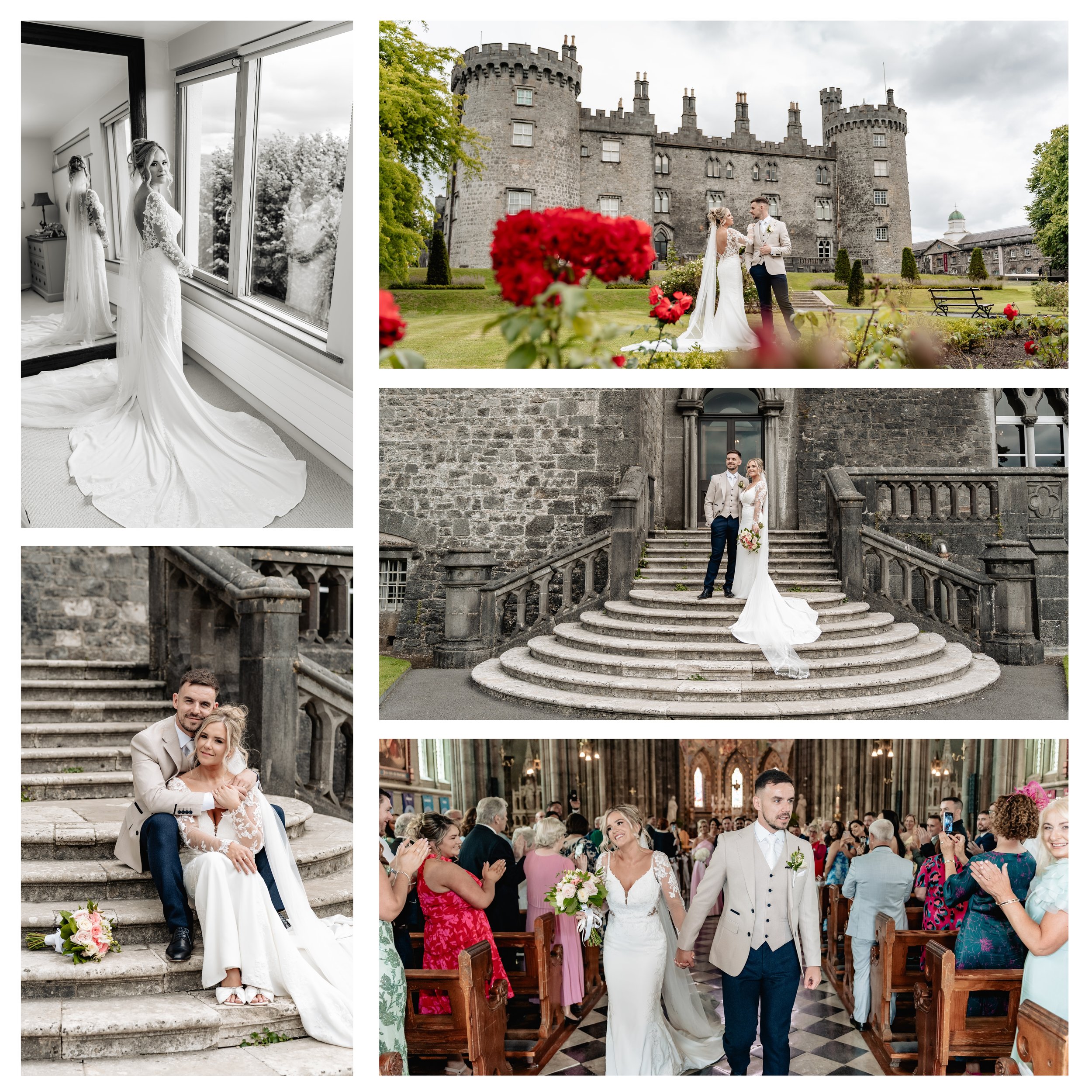 Collage of wedding photos: a bride looking out a window in black and white, a bride and groom outdoors in front of a castle, the couple on stairs outside a stone building, the couple sitting on steps outside a historic building, and the bride and gro