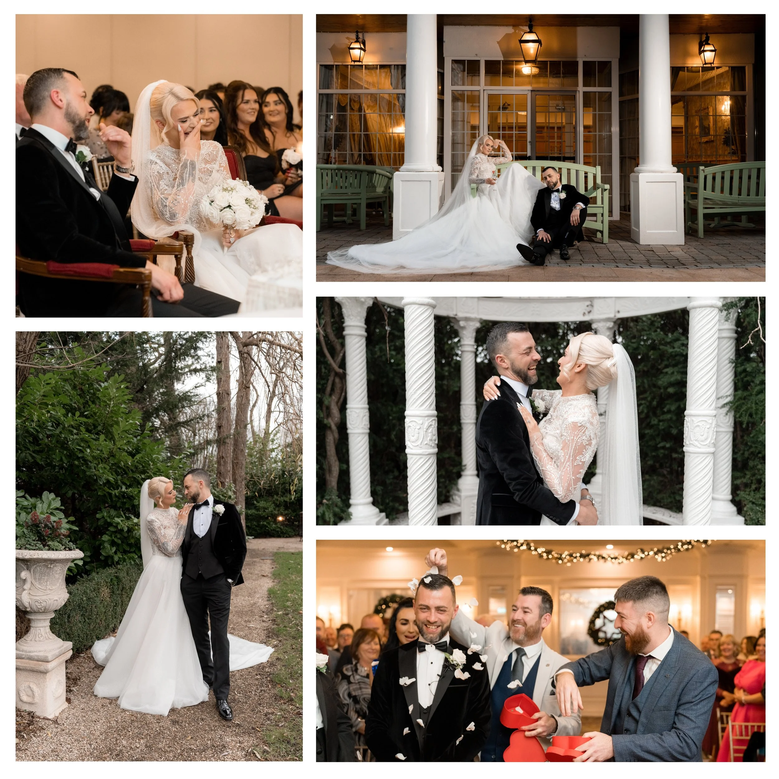 A collage of five wedding photos including a bride and groom in various settings such as indoors during the ceremony, outside in a garden, and at a reception with guests celebrating.
