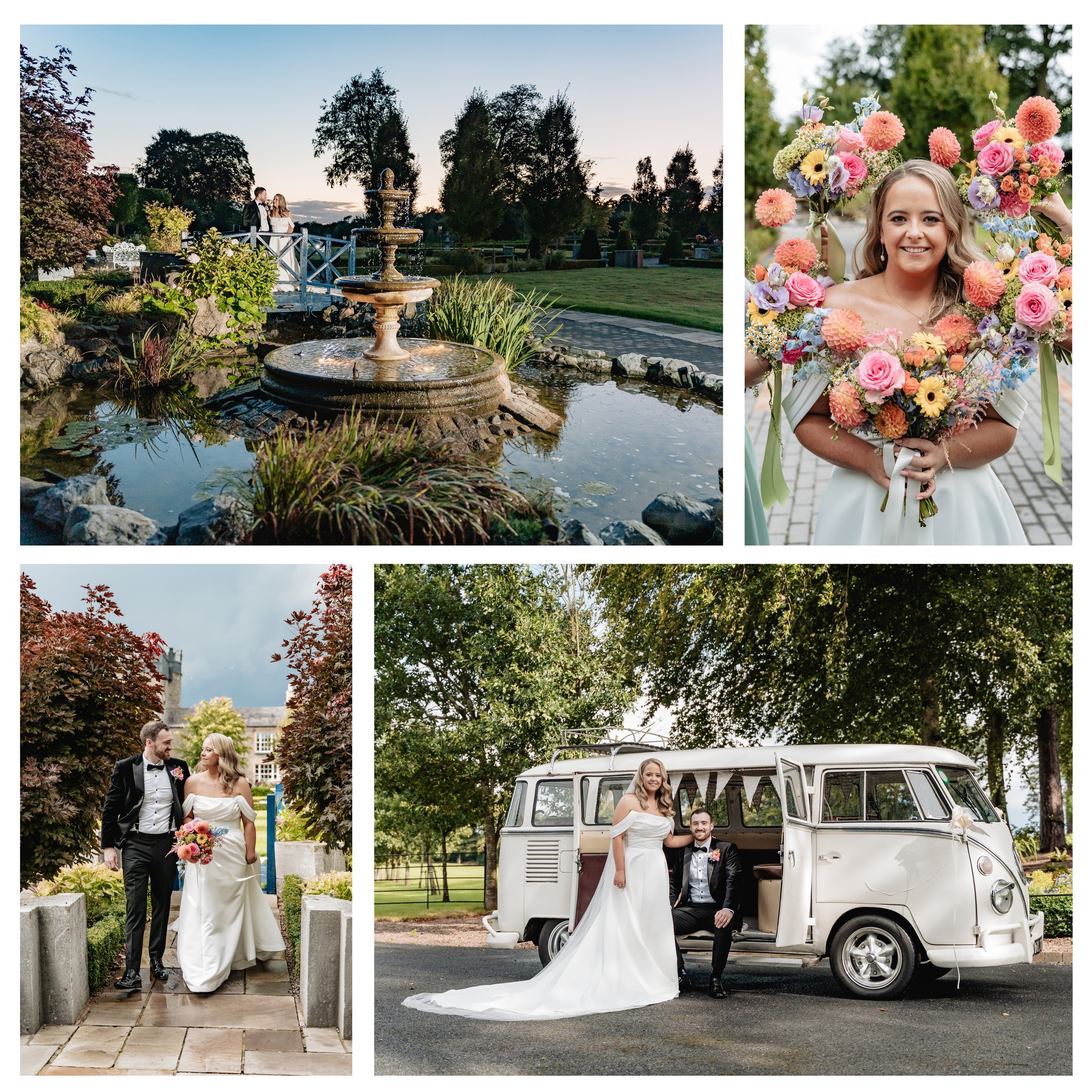 A collage of four wedding photos: a fountain in a garden at sunset, a bride holding a large colorful bouquet, a bride and groom walking outdoors with trees and a historic building, and a bride and groom posing with a vintage van surrounded by trees.