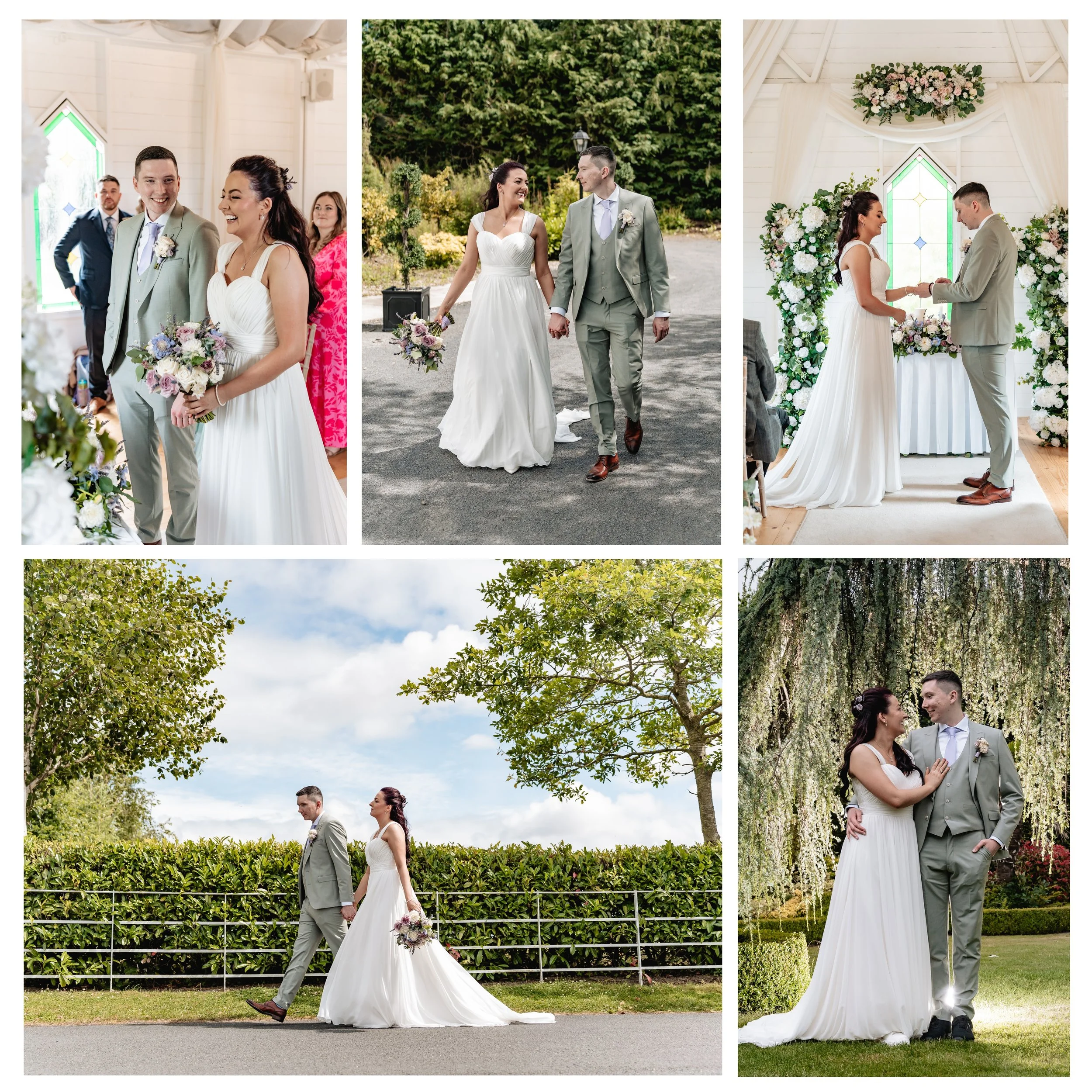 A collage of five wedding photos featuring a bride and groom in various outdoor and indoor settings, exchanging vows, walking, and posing with greenery and floral decorations.