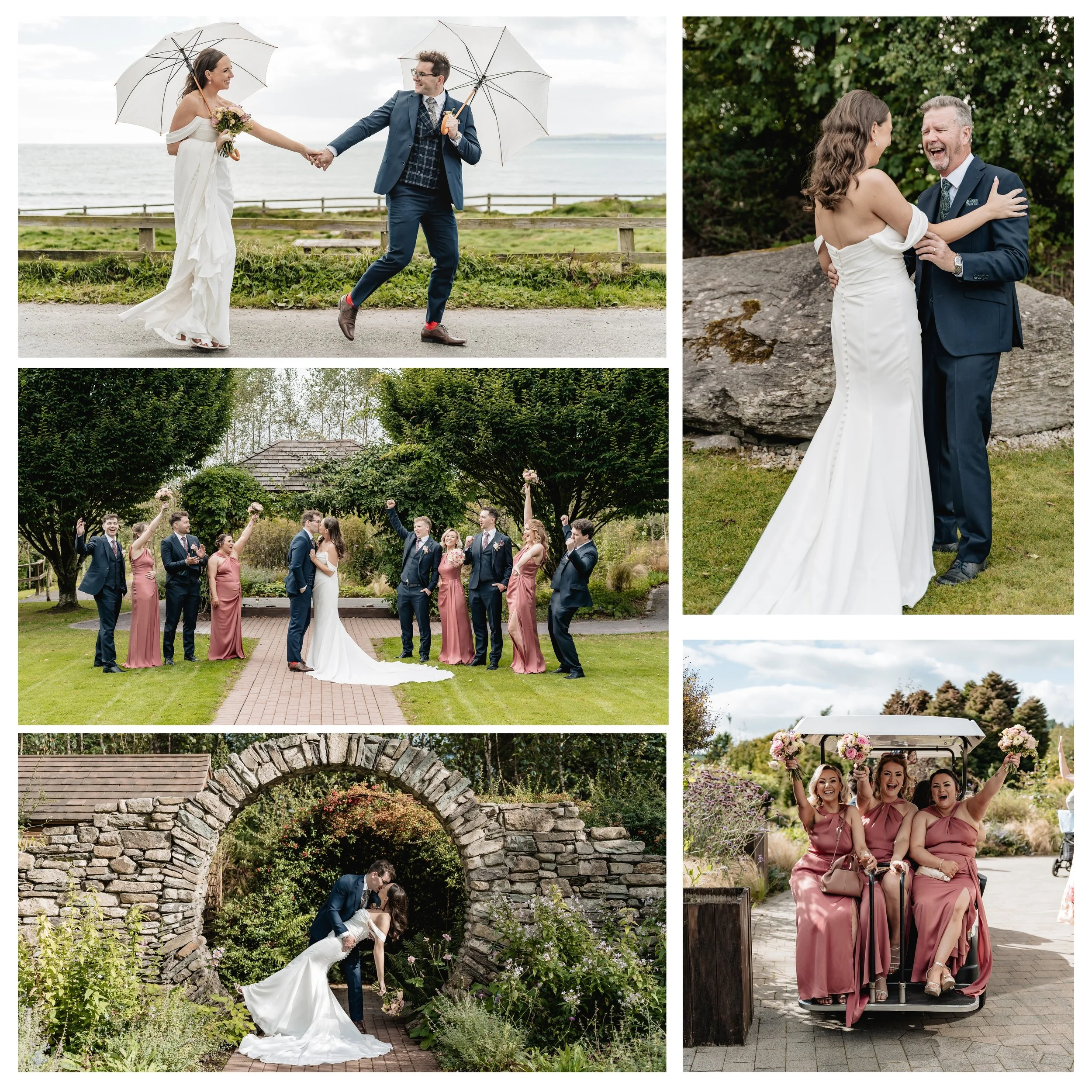 A collage of wedding photos including a bride and groom holding umbrellas and dancing by the water, a bride and groom embracing, a bridal party celebrating in a garden, a newlywed couple kissing under a stone archway, and bridesmaids riding in a golf