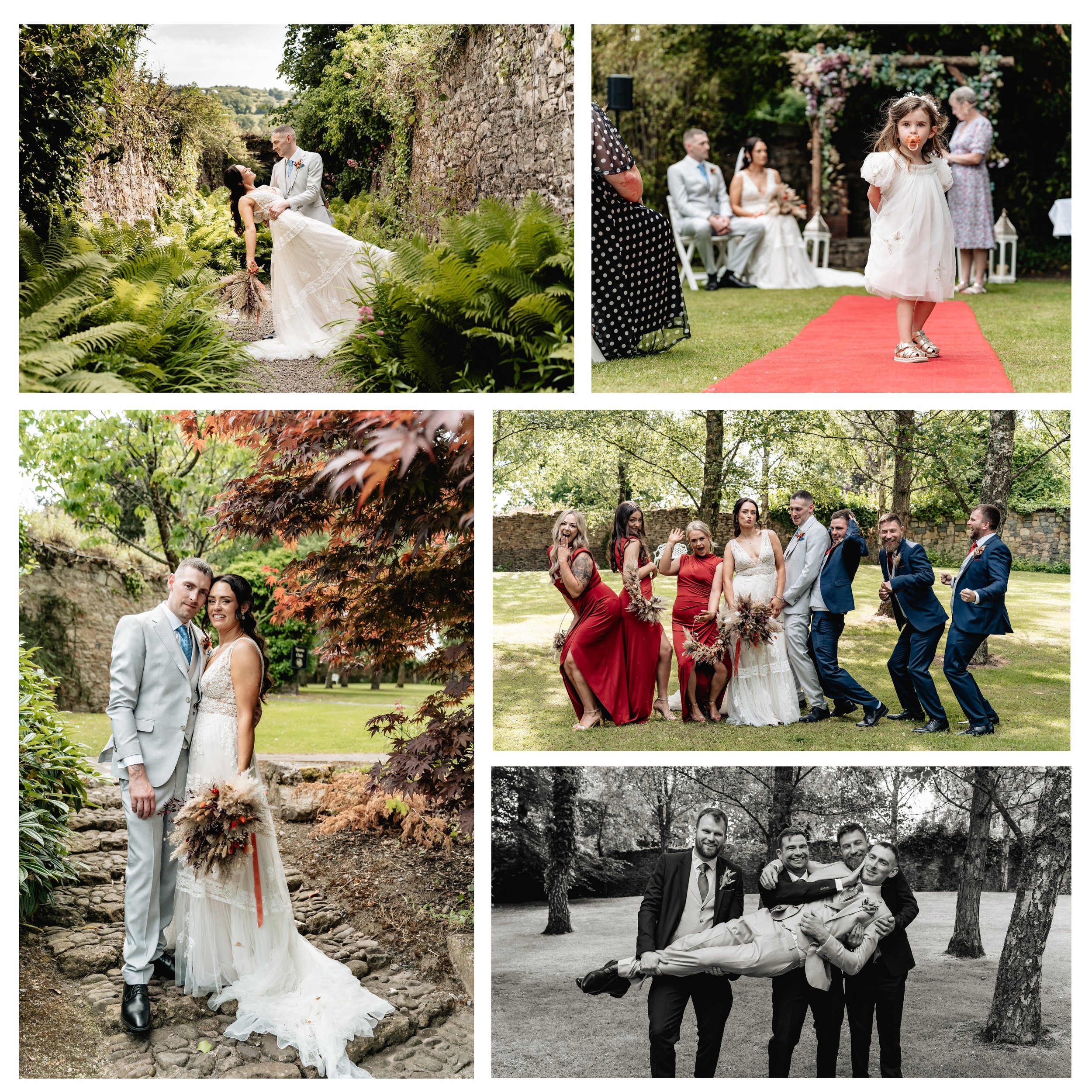 Collection of wedding photos showing couples and wedding parties outdoors, including bride and groom, children, and group portraits, taken in natural settings with trees, grass, and decorative elements.
