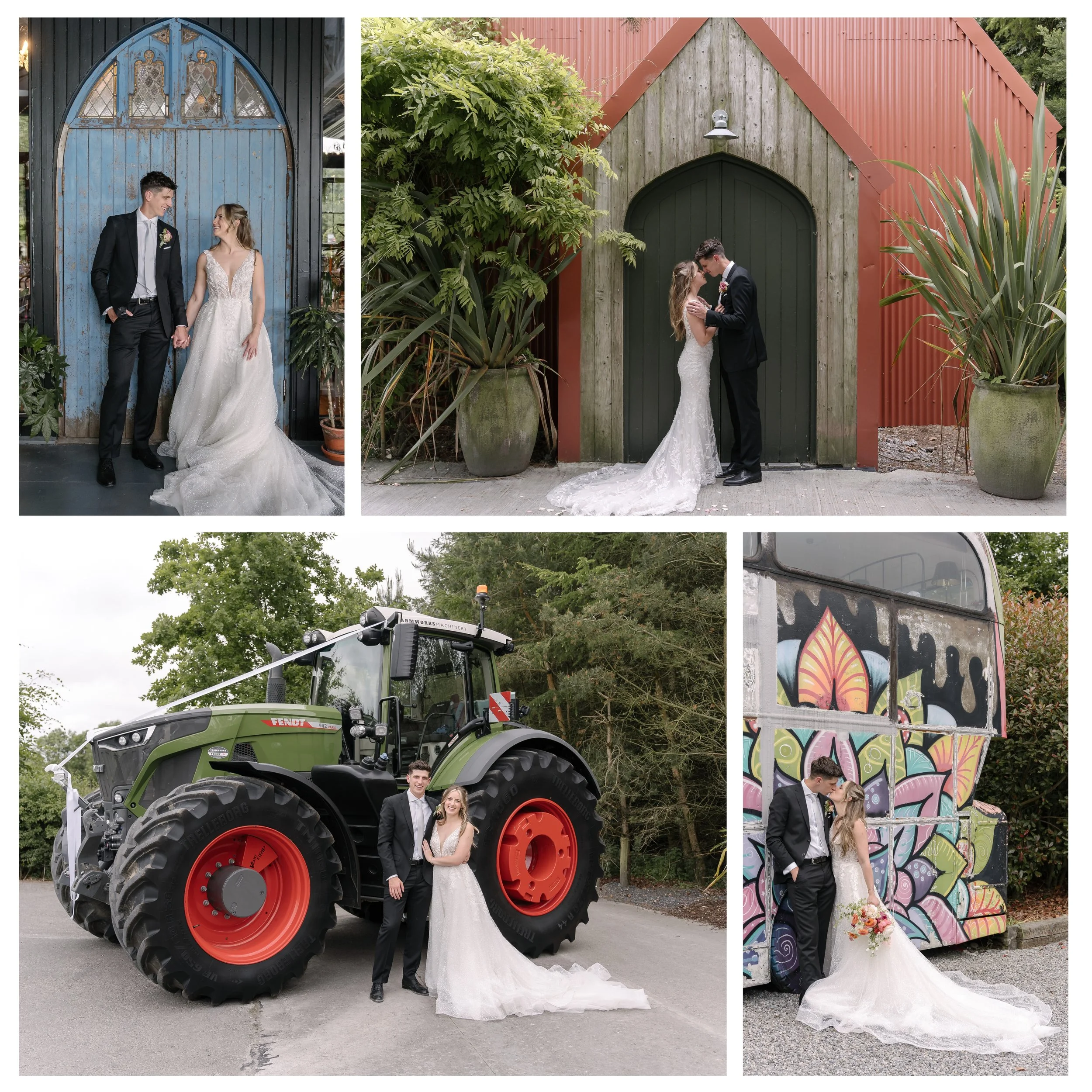 A collage of five photos of a bride and groom in various outdoor and urban settings, including a farm, with a tractor, graffiti wall, and rustic doors.