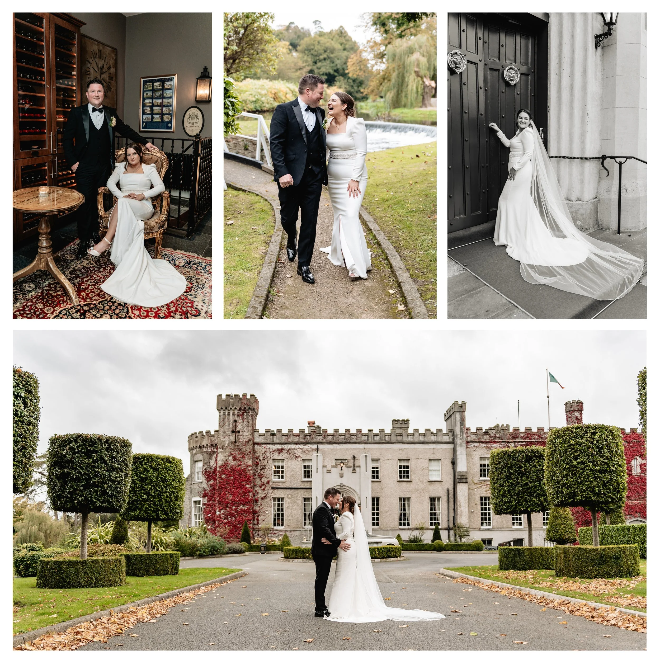 Collage of four wedding photos: Top left shows a bride sitting in a vintage room with a groom standing beside her smiling. Top middle shows a bride and groom walking outdoors, smiling at each other. Top right shows a bride in a wedding dress with a l
