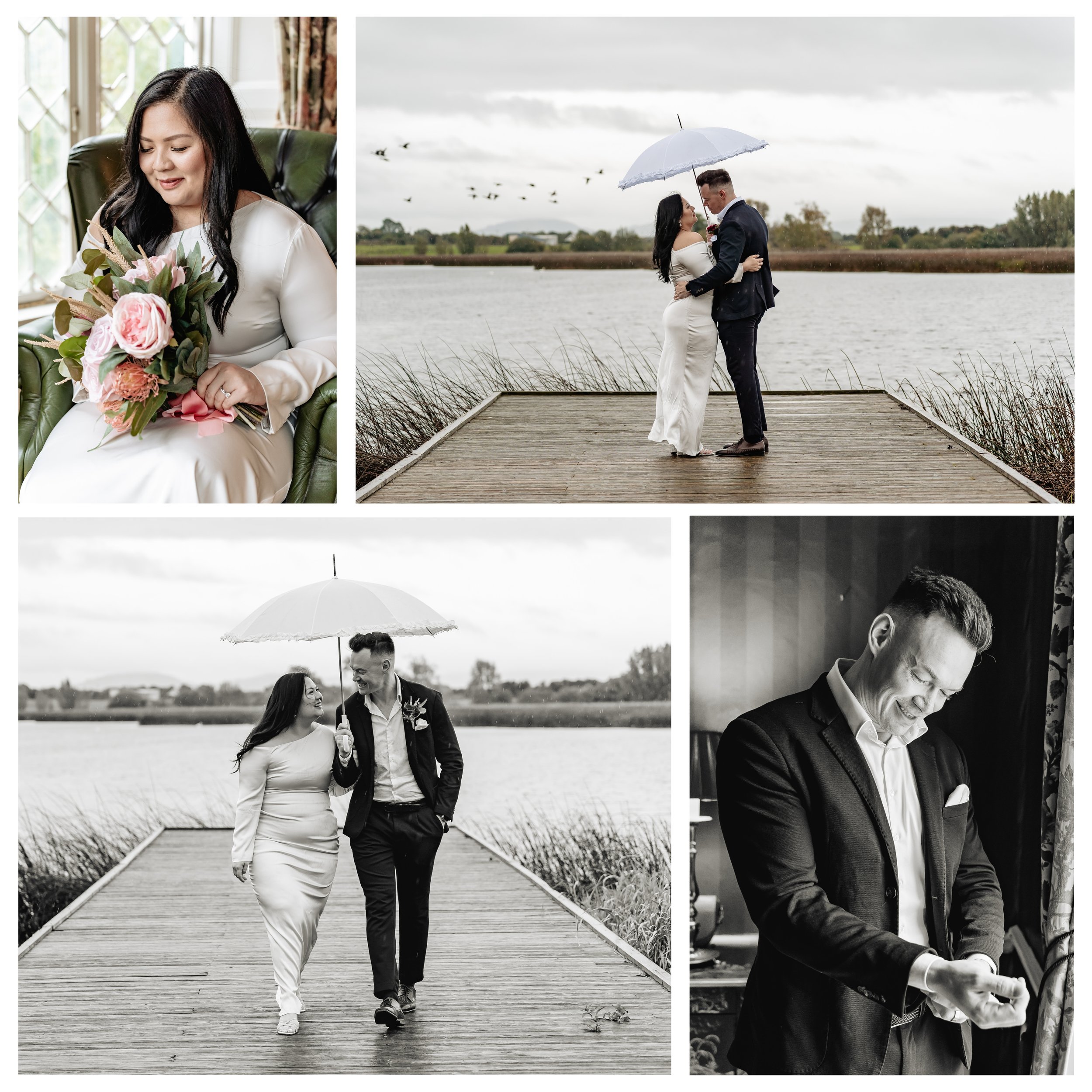 A collage of four wedding photos: a woman with dark hair in a white dress holding a bouquet, standing on a chair indoors; a couple with an umbrella on a dock by a lake, embracing and looking at each other; the same couple walking on the dock under an