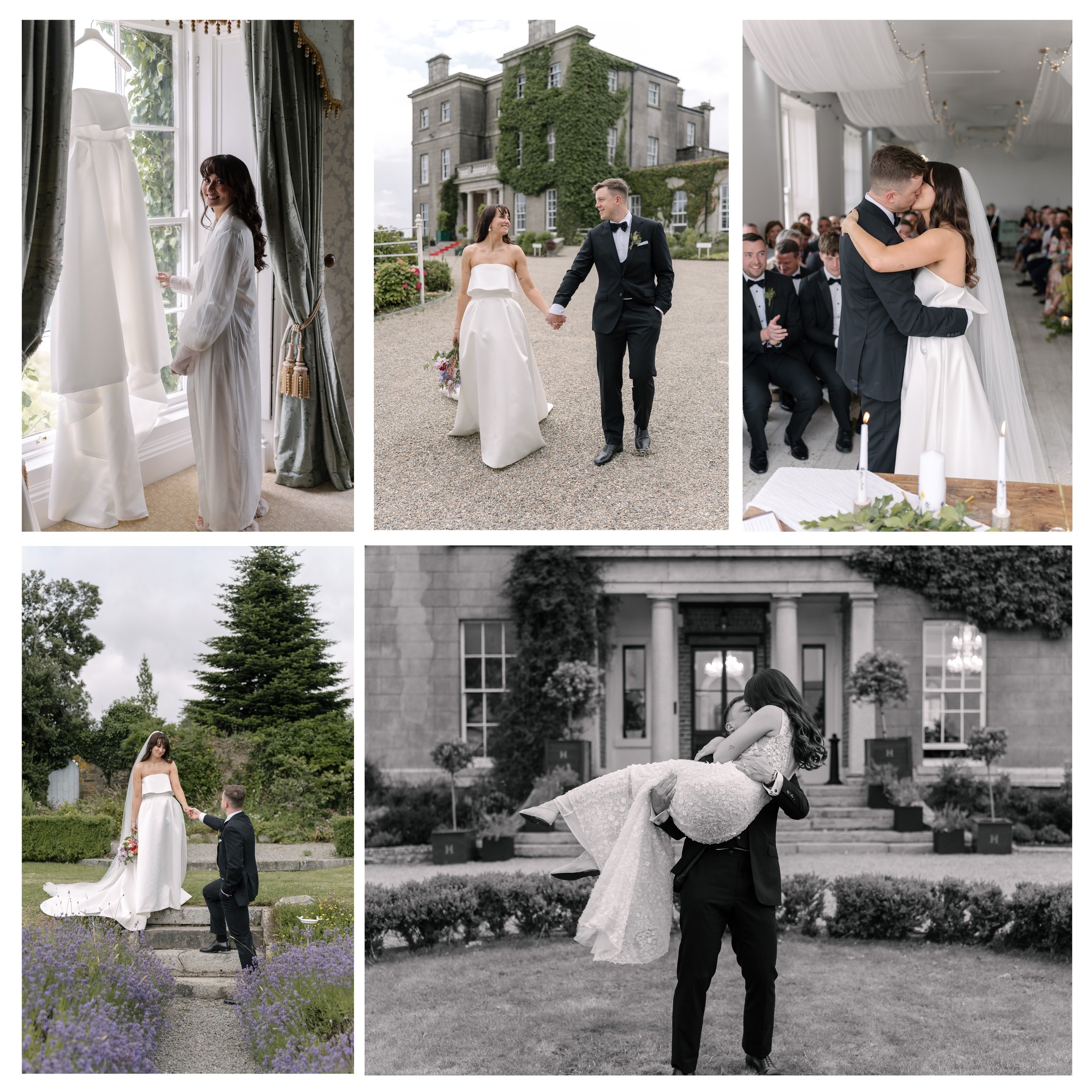Collage of wedding photos: Top left shows a woman in a white dressing gown smiling by a window; top center features a bride and groom holding hands outside a stone building, dressed in wedding attire; top right depicts a bride and groom kissing at th