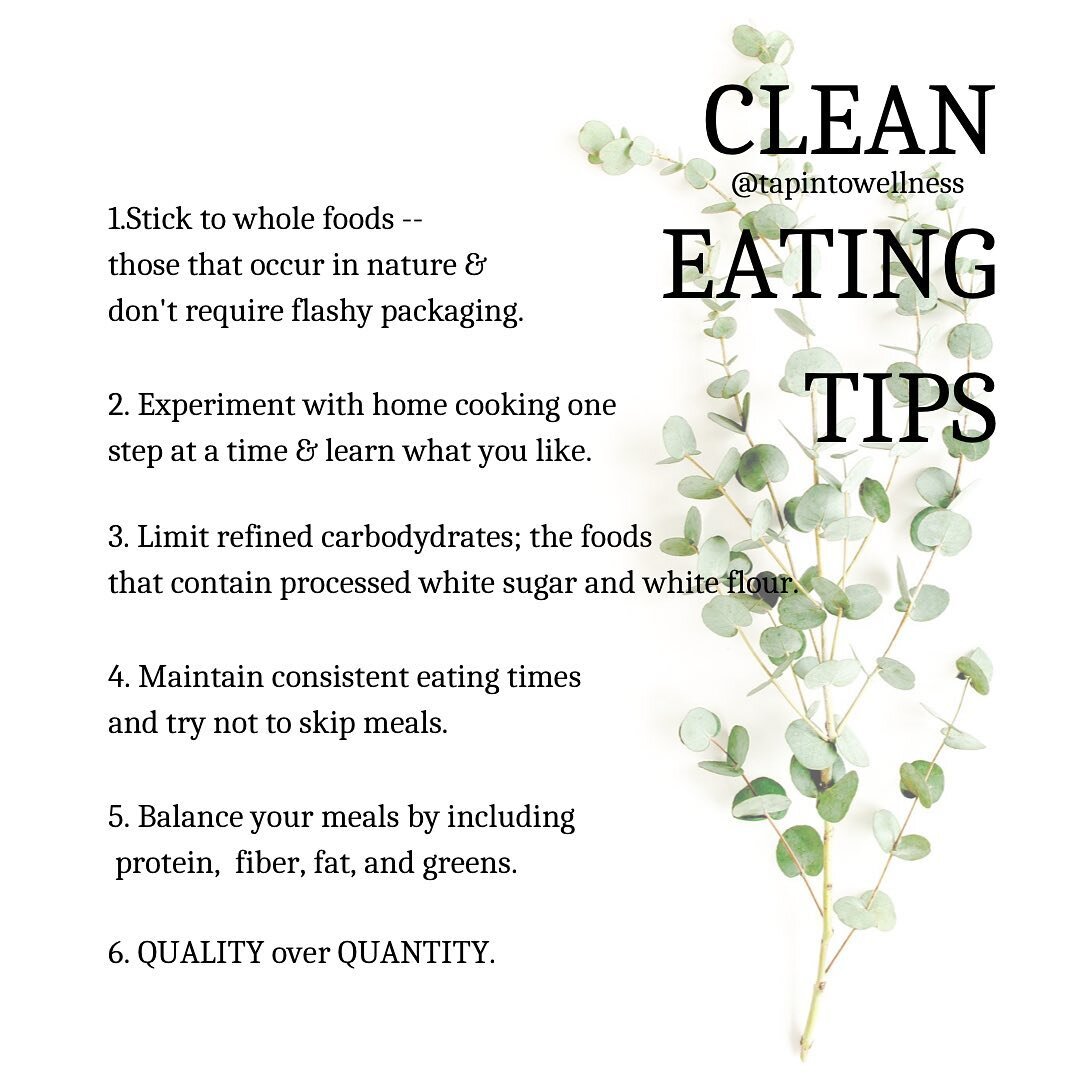 The basis of clean eating is consuming whole, unprocessed foods. ⠀
⠀
Eating clean revolves around maintaining a balanced &amp; personalized diet of fresh, unprocessed foods, including fruits, vegetables, whole grains, &amp; healthy fats. ⠀
⠀
Clean ea