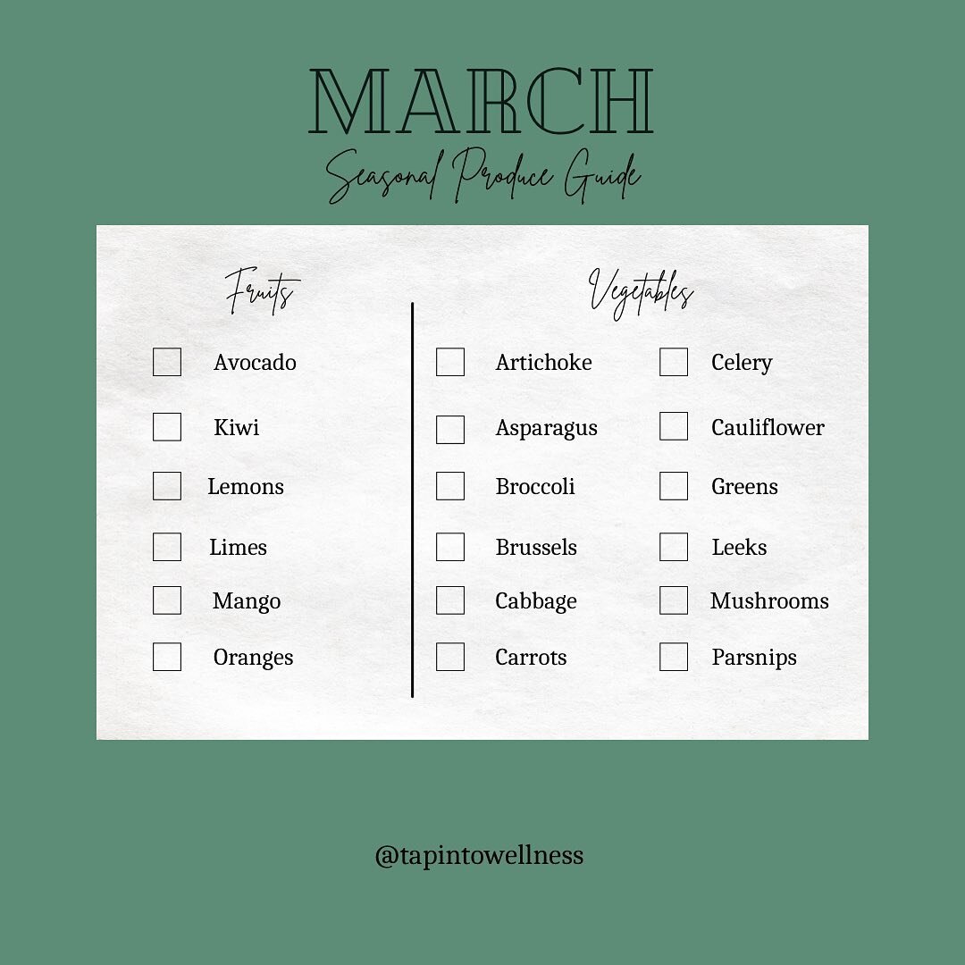 New month, new produce guide! ⠀
⠀
March is officially here, which means it&rsquo;s time to add more in-season produce to your grocery list! ⠀⠀
⠀⠀⠀⠀
When you buy produce that is in season, it will not only taste better &amp; have more flavor, but will