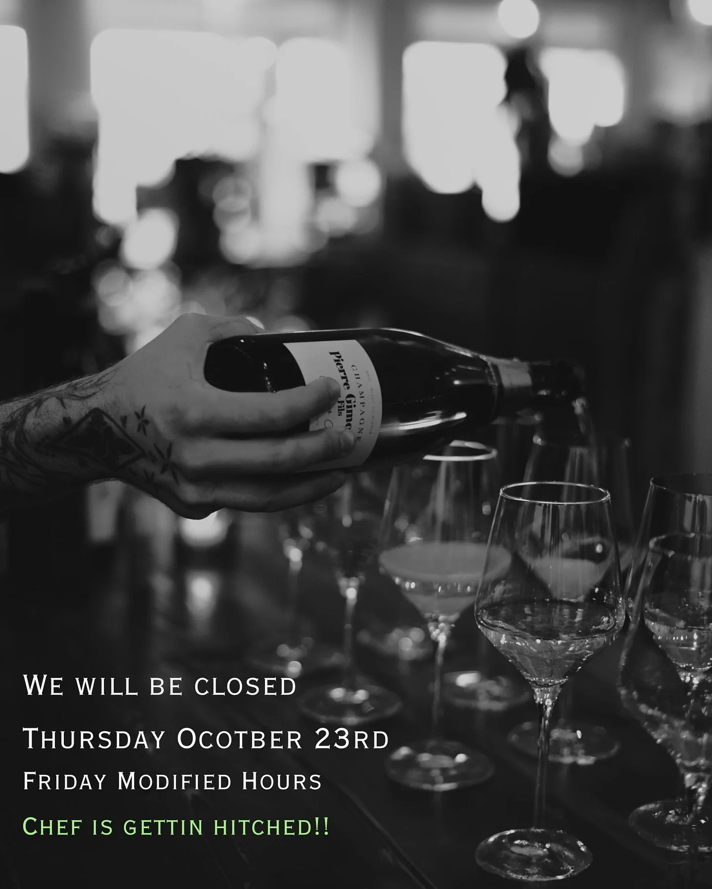 PSA!! 

We will be celebrating our good chef getting married this Thursday 💍💍

And so - we will be closed all day Thursday and reopening Friday for RETAIL ONLY from 11:30-4 and the WINE BAR will be open STARTING AT 4PM FOR DINNER ONLY! The rest of 