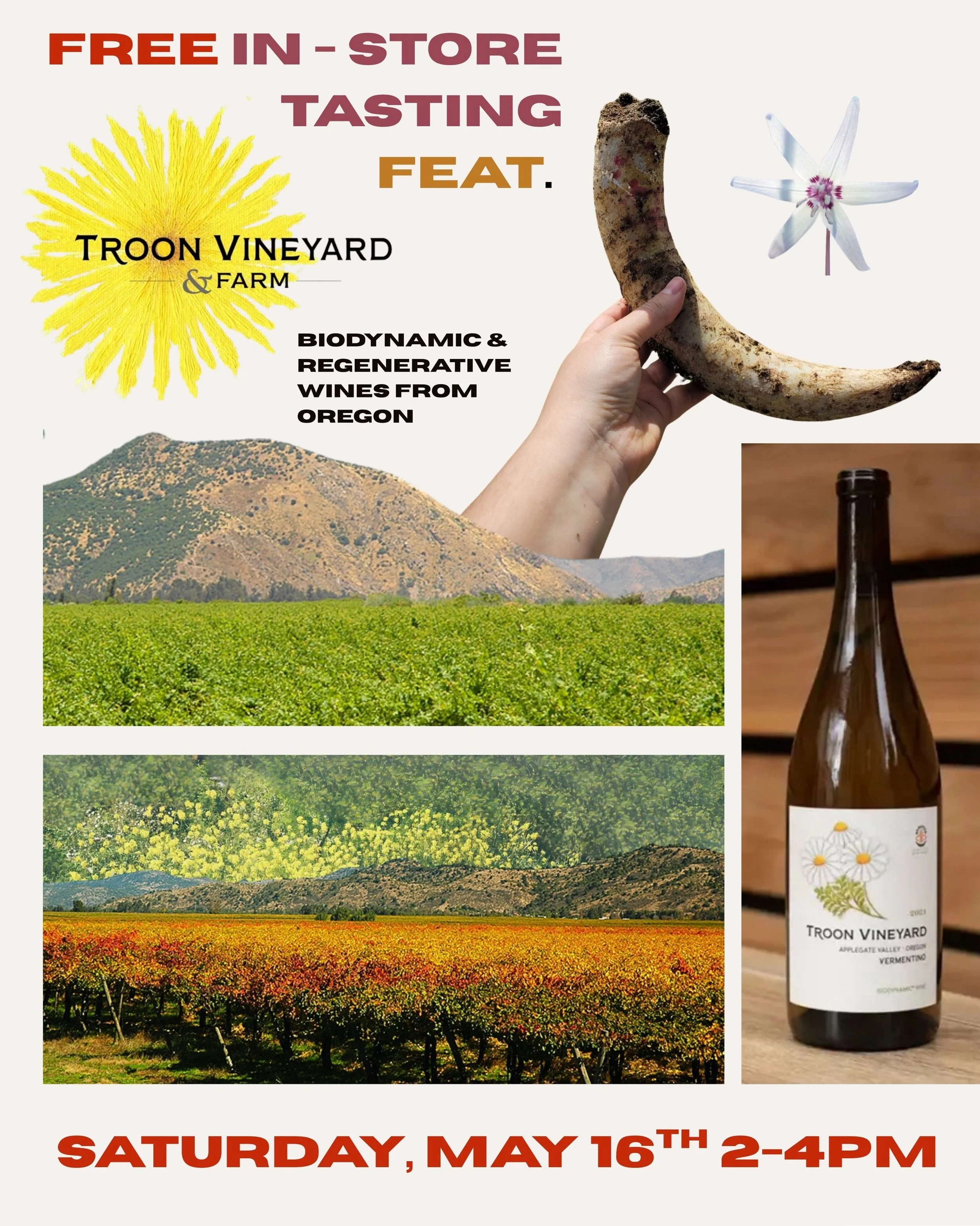 FREE IN-STORE TASTING 🍷

Join us THIS Saturday, May 16th from 2&ndash;4pm as we welcome @troonwines Vineyard &amp; Farm &mdash; one of the most compelling regenerative producers in the U.S. right now.
Based in Oregon&rsquo;s Applegate Valley, Troon 