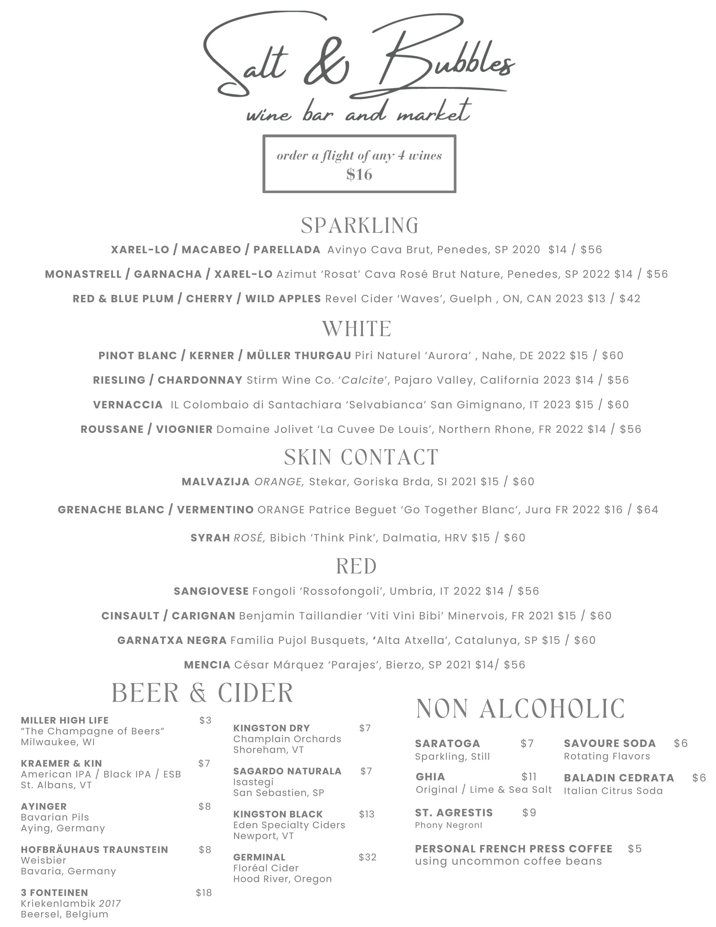 Salt & Bubbles wine bar menu displaying a selection of sparkling, white, skin contact, red wines, beer, cider, and non-alcoholic drinks with prices.