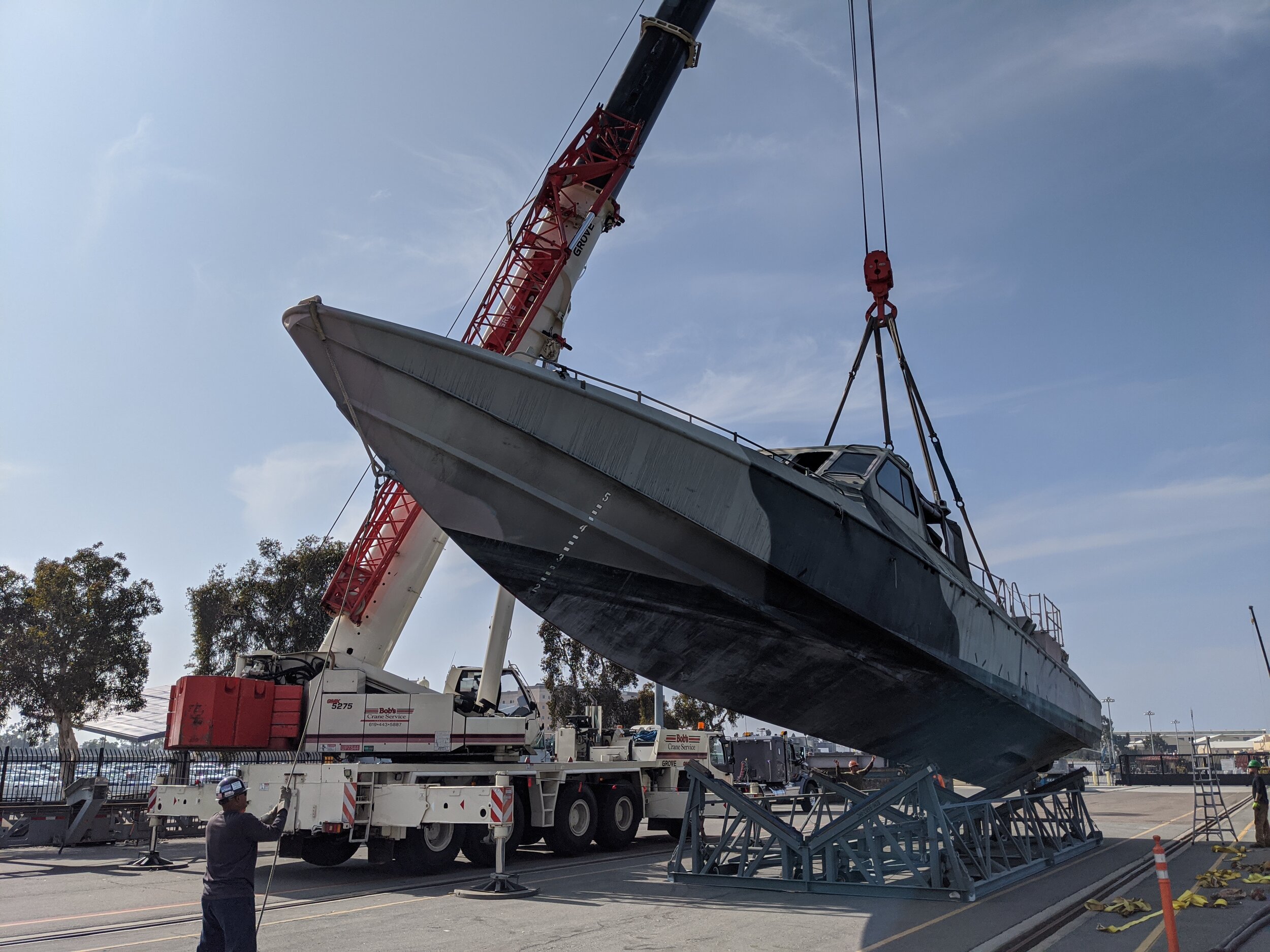 Mark V Patrol Boats, San Diego, California, being handled to load onto an ocean freighter. All bound for the Greek Isles.