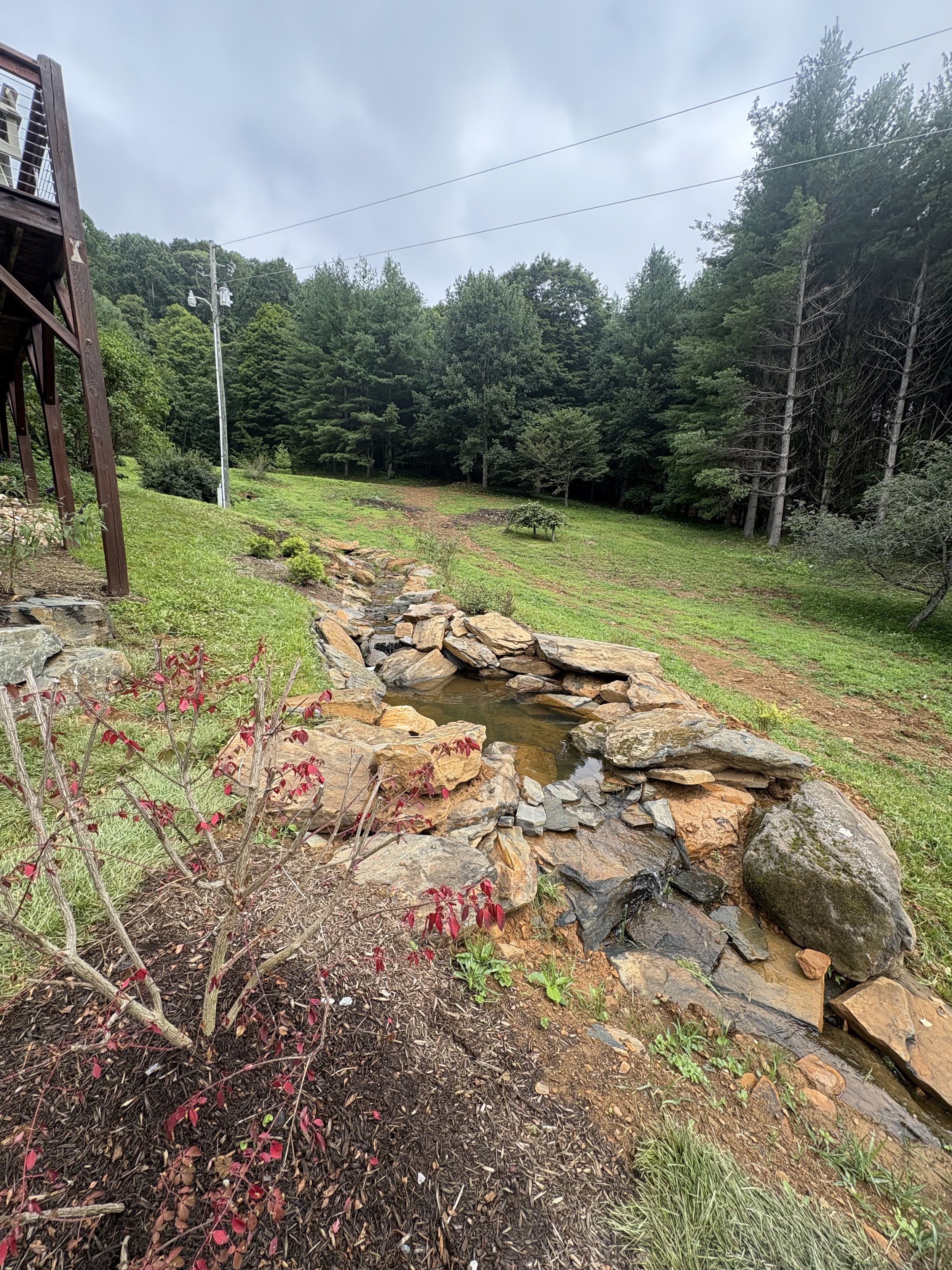 A small creek or stream with rocks on either side runs through a grassy yard, with trees and a cloudy sky in the background.