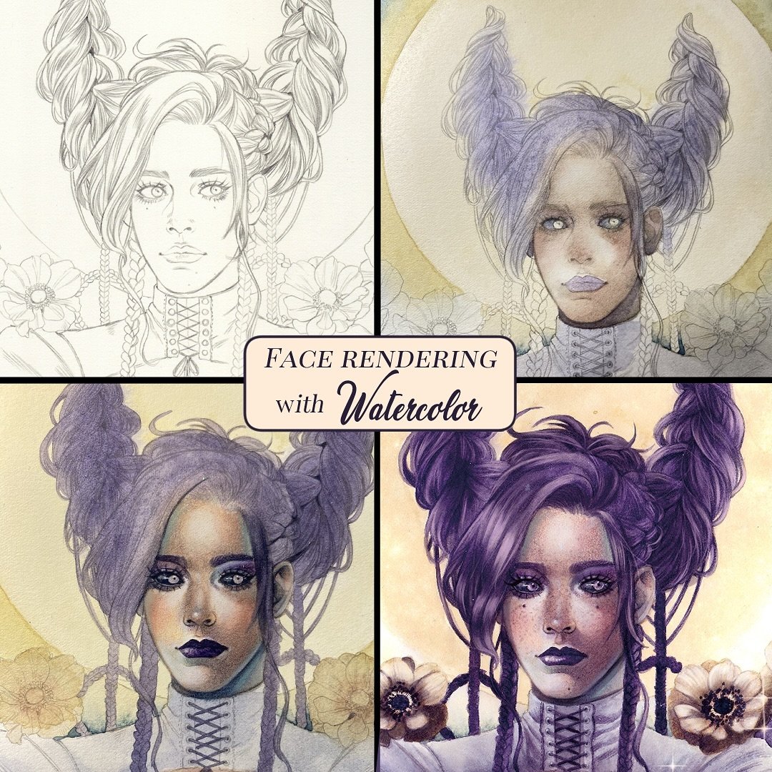 4 steps of painting this watercolor portrait of Irielle, a character I created last summer 🌙☺️

 1/ First layer to have a base tone and global shadow placement 

2/ Working on the shadows to create depth. I also darken/adjust the color of the hair t