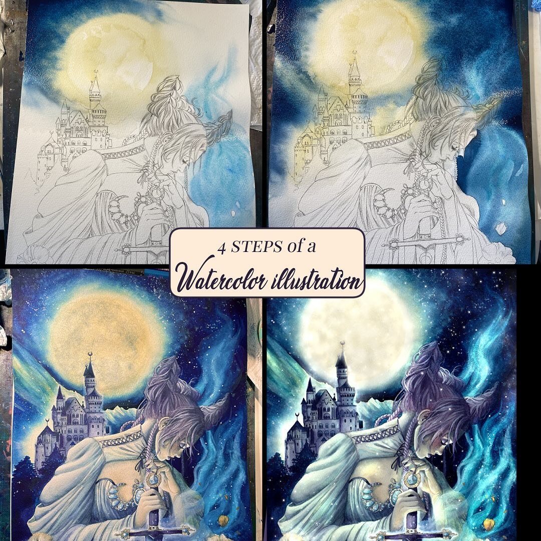 Swipe to see 4 steps of the watercolor process of &laquo;&nbsp;Moon&rsquo;s Blessing&nbsp;&raquo; featuring my character Irielle ✨👉

- Step1: first color wash on the background to set the mood and identify glowy areas 

-Step2: reaching better value