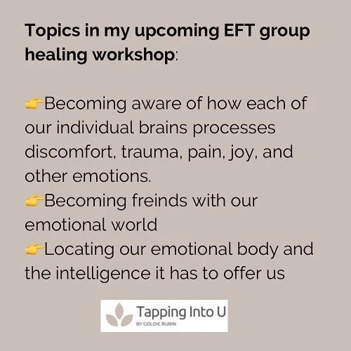 My EFT Group Healing Workshop will be starting this Monday evening. 
It is a four week course, we meet once a week on zoom.

If you feel called to become a self healer, 
if you are intrigued by how the body and mind can work together to heal you,
If 