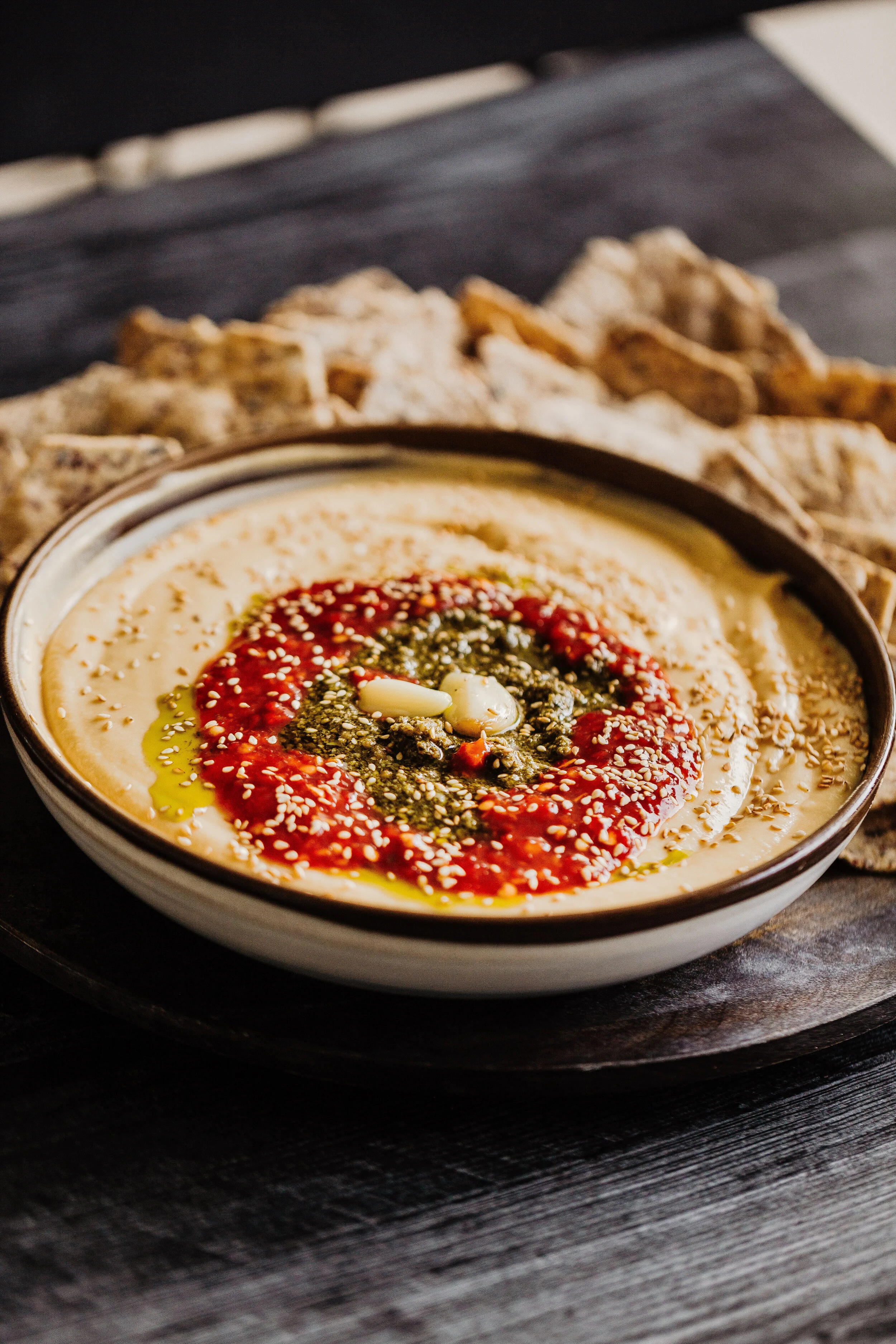 Roasted Garlic Hummus with Pesto and Chili sauce-1.jpg