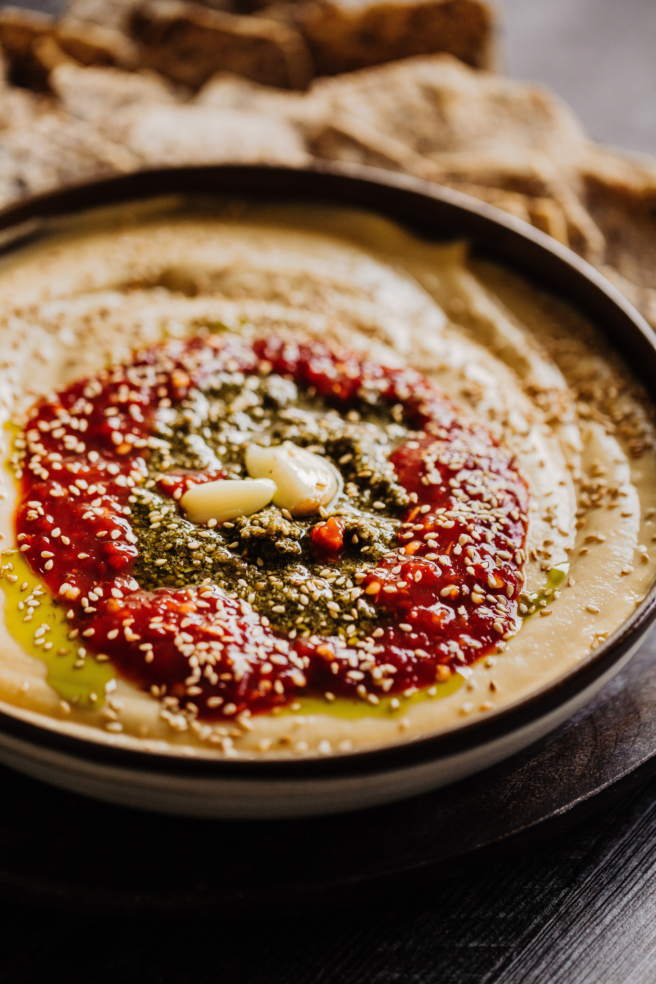 Roasted Garlic Hummus with Pesto and Chili sauce-2.jpg