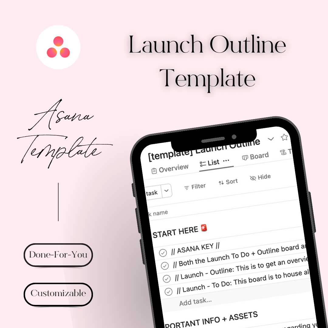 Plan your launch with this Asana Template. Organize phases, pricing, and lead magnets effortlessly.