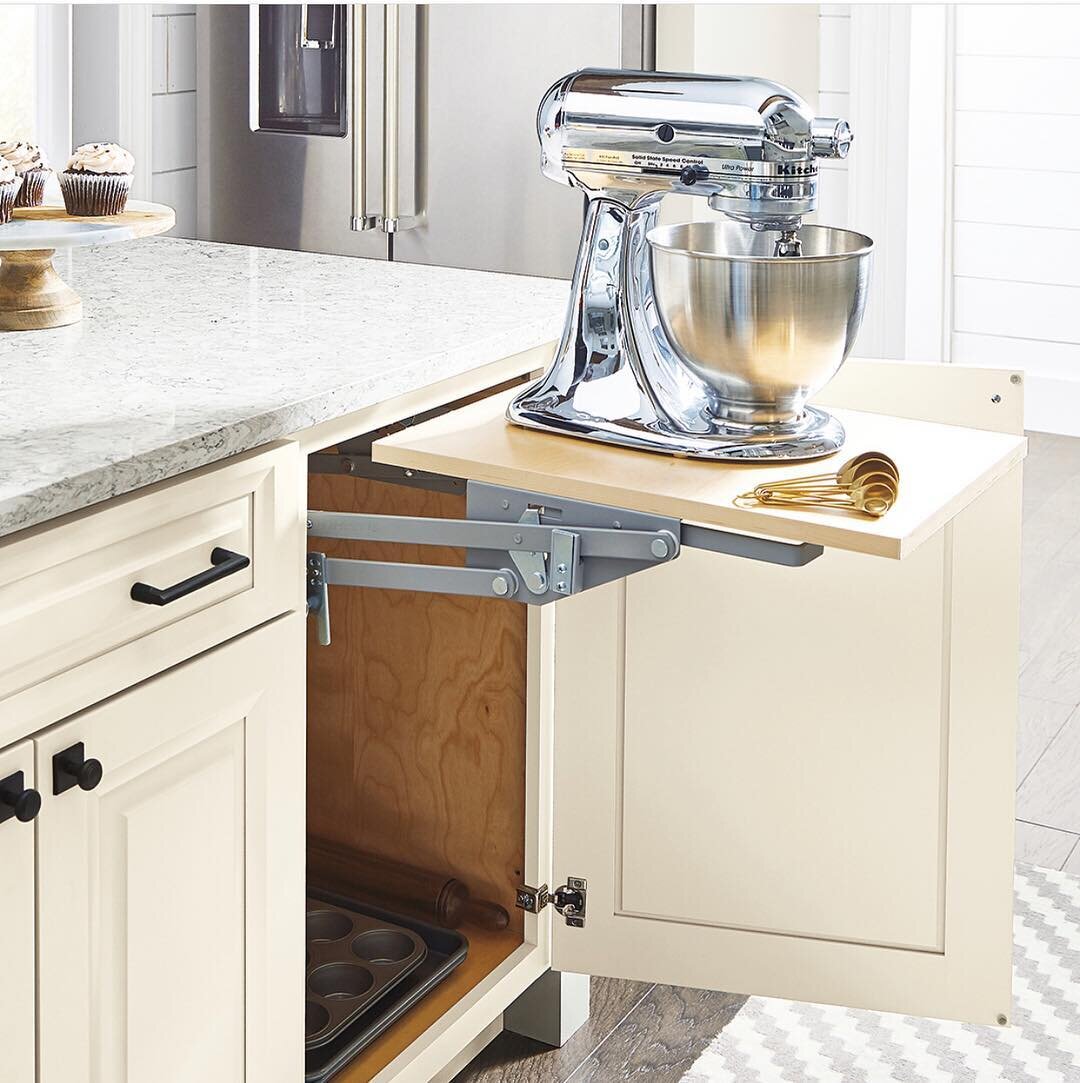 Isn&rsquo;t this mixer lift a genius storage idea? Your counter tops can stay clutter free and you don&rsquo;t have to worry about lifting the heavy mixer every time you want to use it! Call 760-439-9009 if you need one of these in your home!