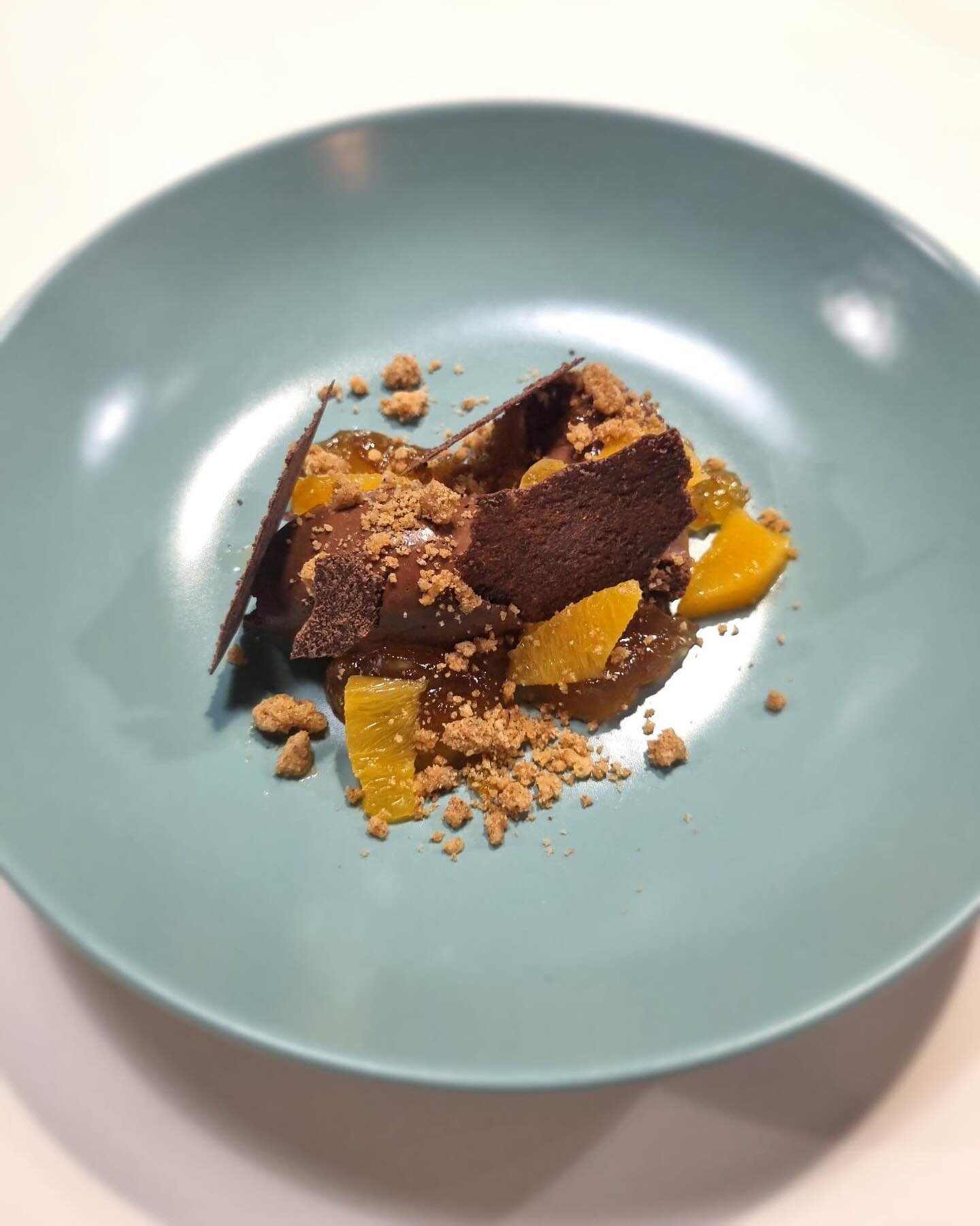 Chocolate orange 🍊 

Chocolate cr&eacute;meux, orange marmalade, chocolate tuile and crumble. 

Book for dinner this week and give it a try.