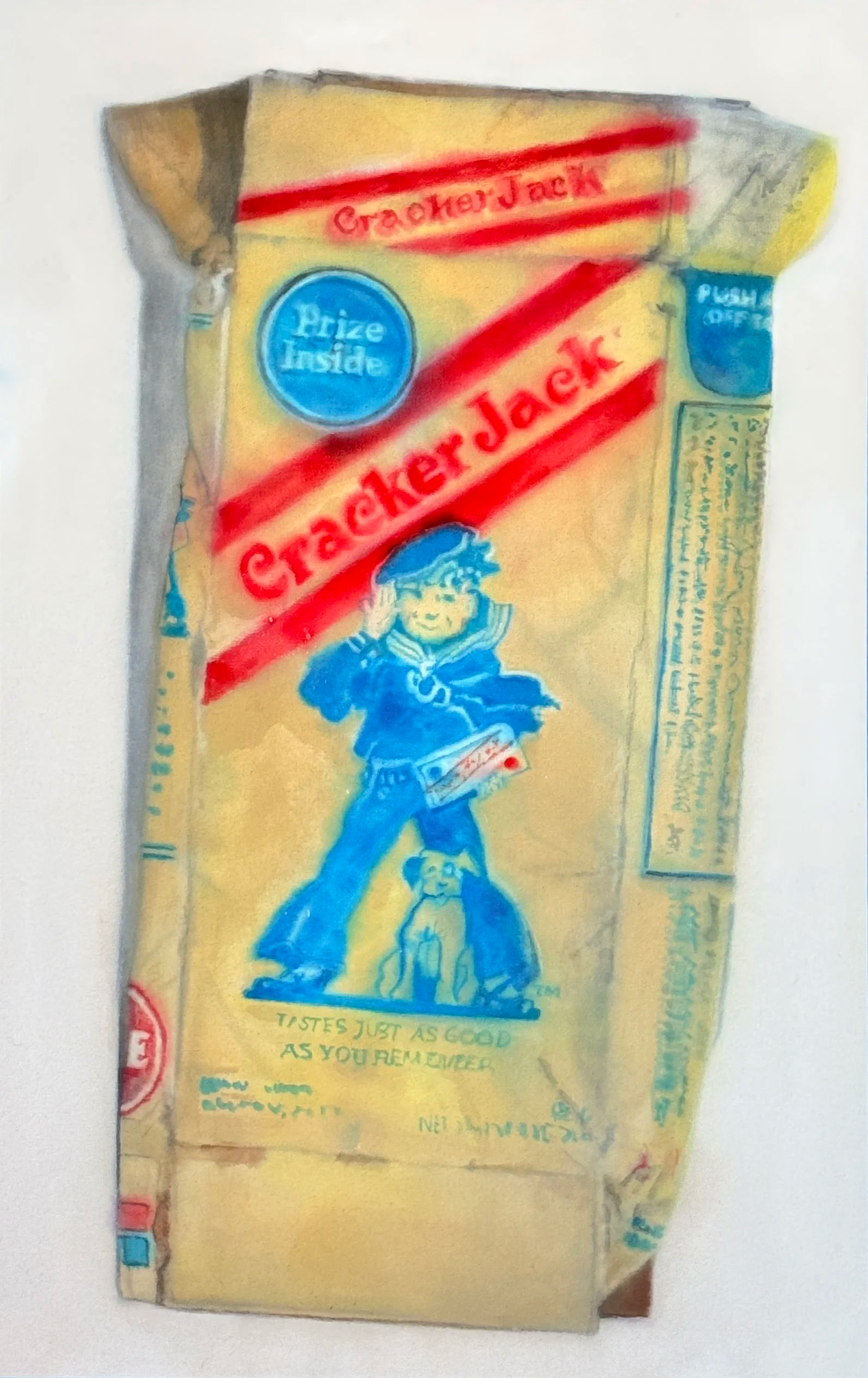 Cracker Jack box with a boy wearing a sailor outfit, holding his hand to his hat, standing on a dog, and a prize inside labeled "Prize Inside".