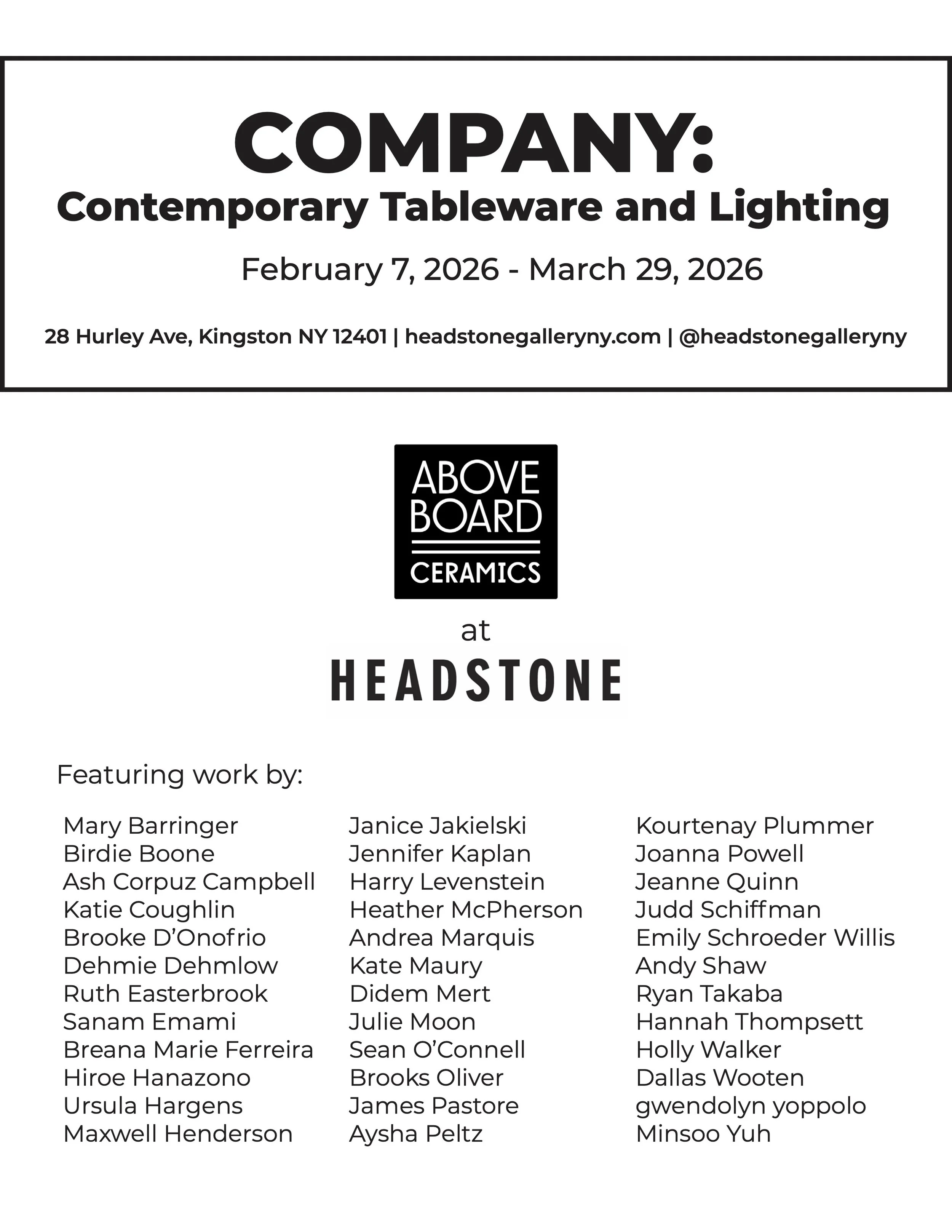 Preview Event for Company: Contemporary Tableware & Lighting  with Above Board Ceramics at Headstone Gallery