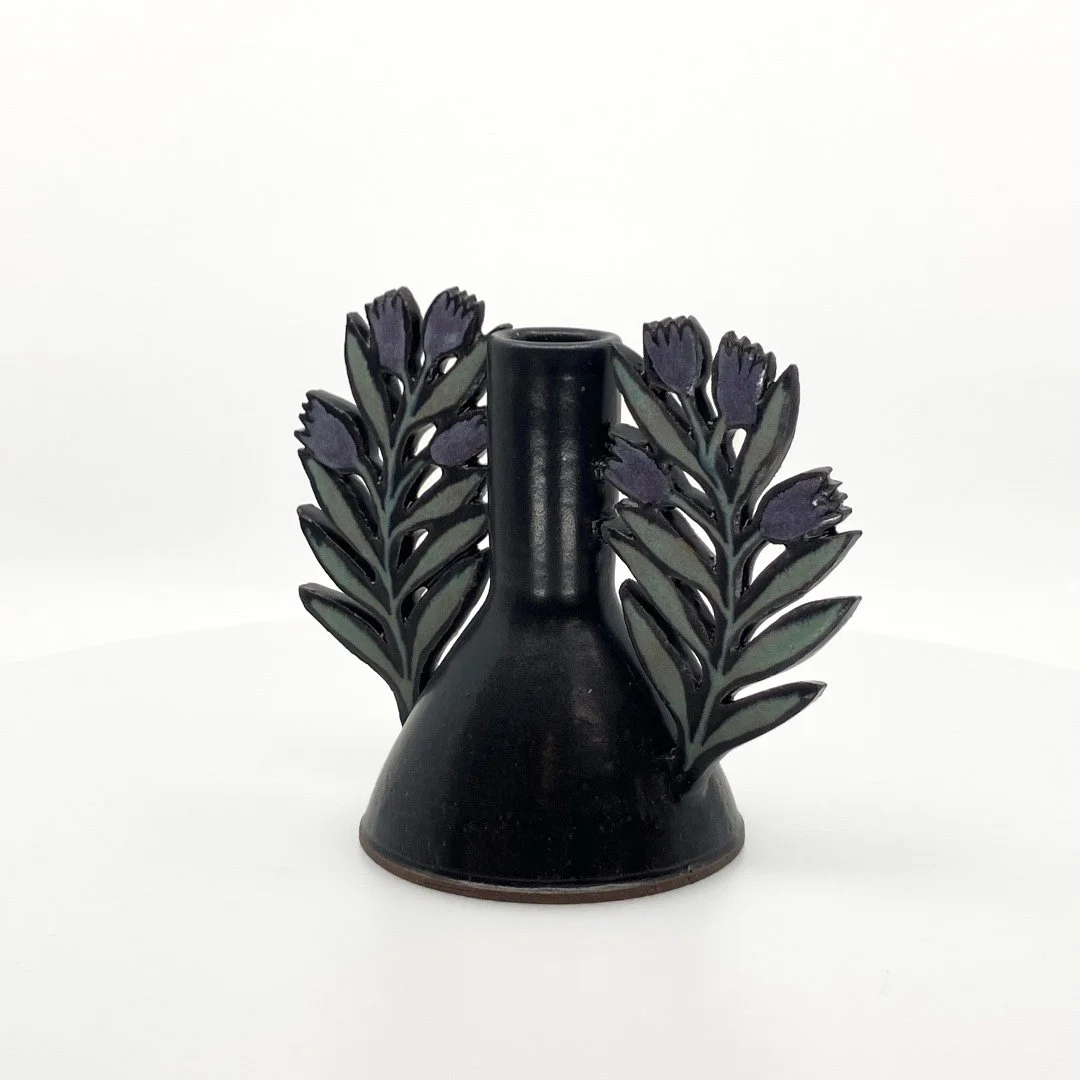 Ruth Easterbrook: Winged Vase/Candleholder Lavendar Flowers