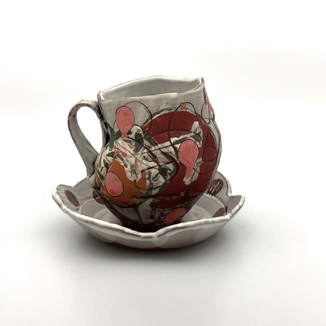 Breana Ferreira: Pink Glaze Dot Mug with Saucer