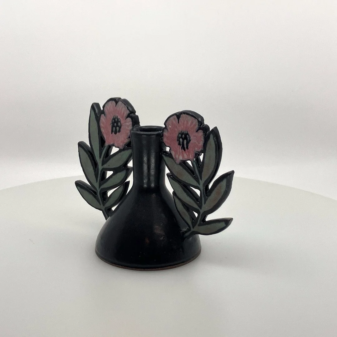 Ruth Easterbrook: Winged Vase/Candleholder Pink Flowers